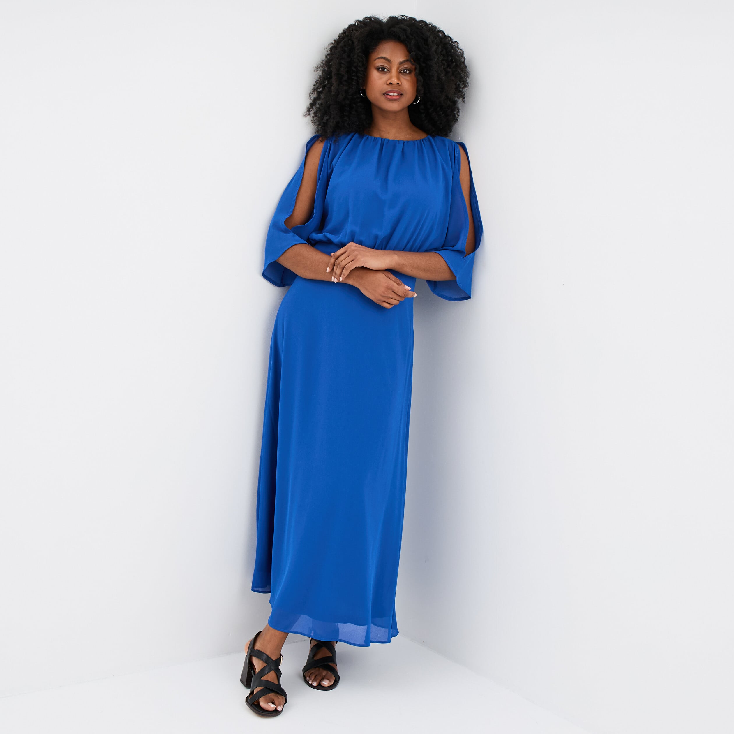 Robe longue manches 3/4 fendues bleu roi femme
