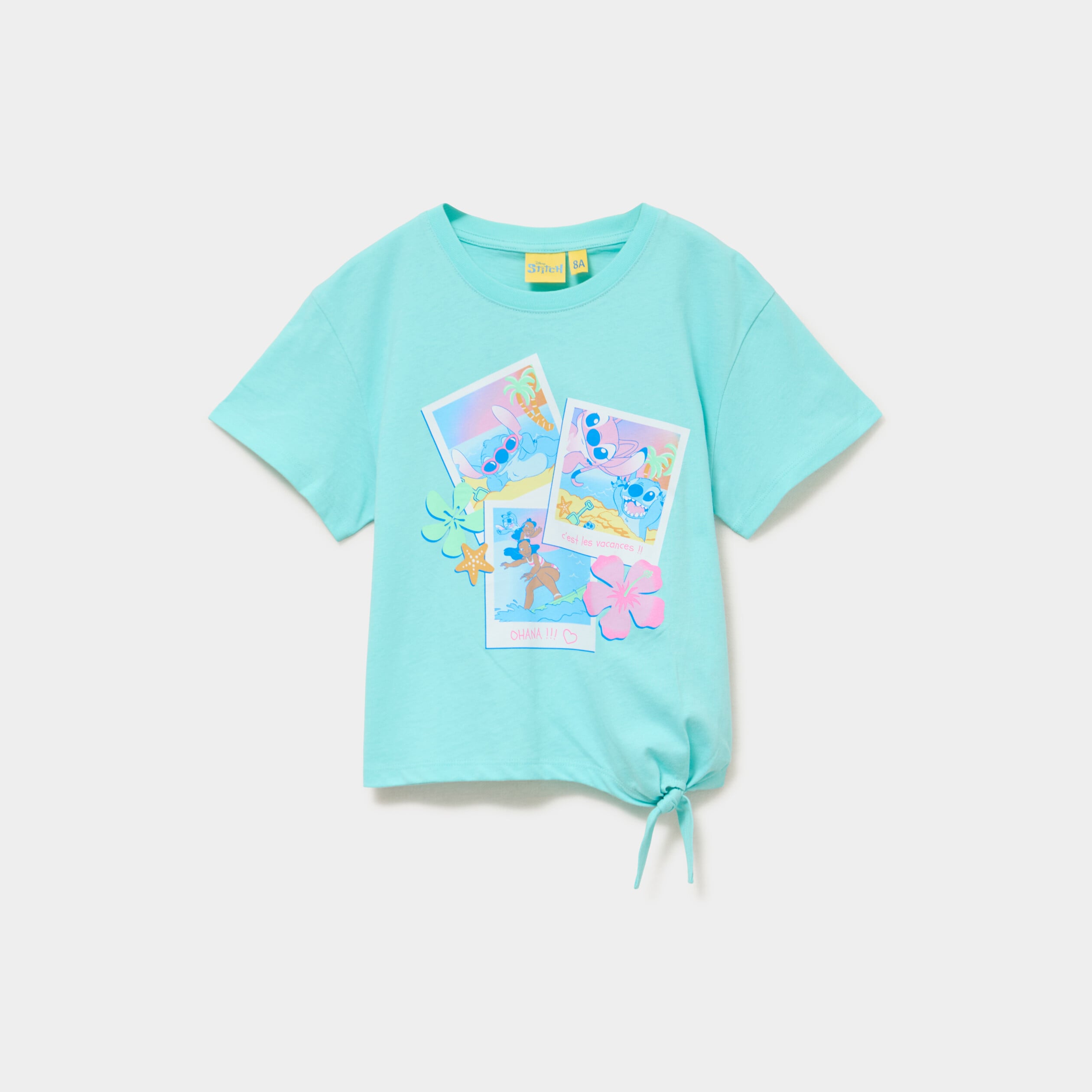 T-shirt nou&eacute; col rond coton Stitch bleu turquoise fille