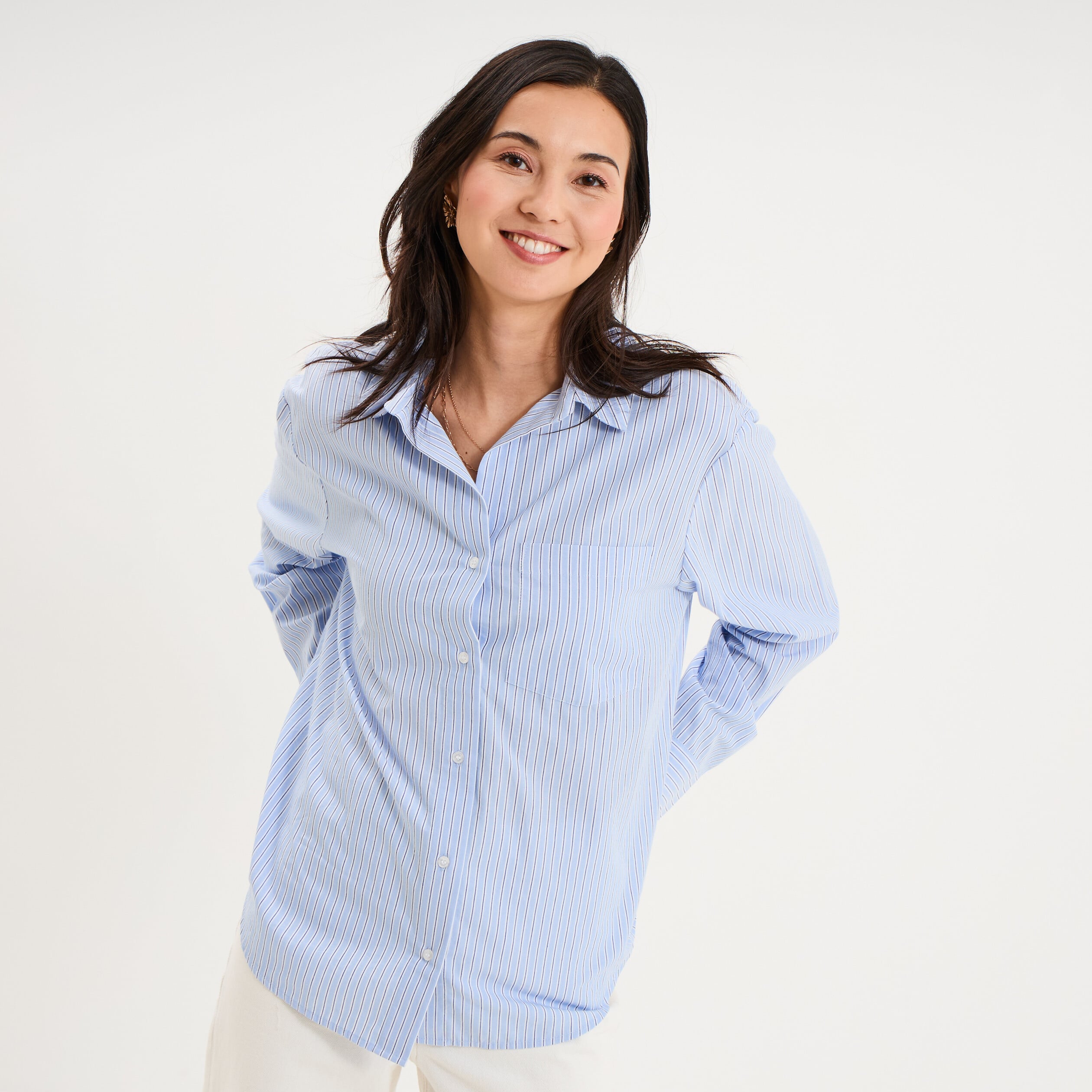 Chemise oversize 1 poche coton bleu ciel femme