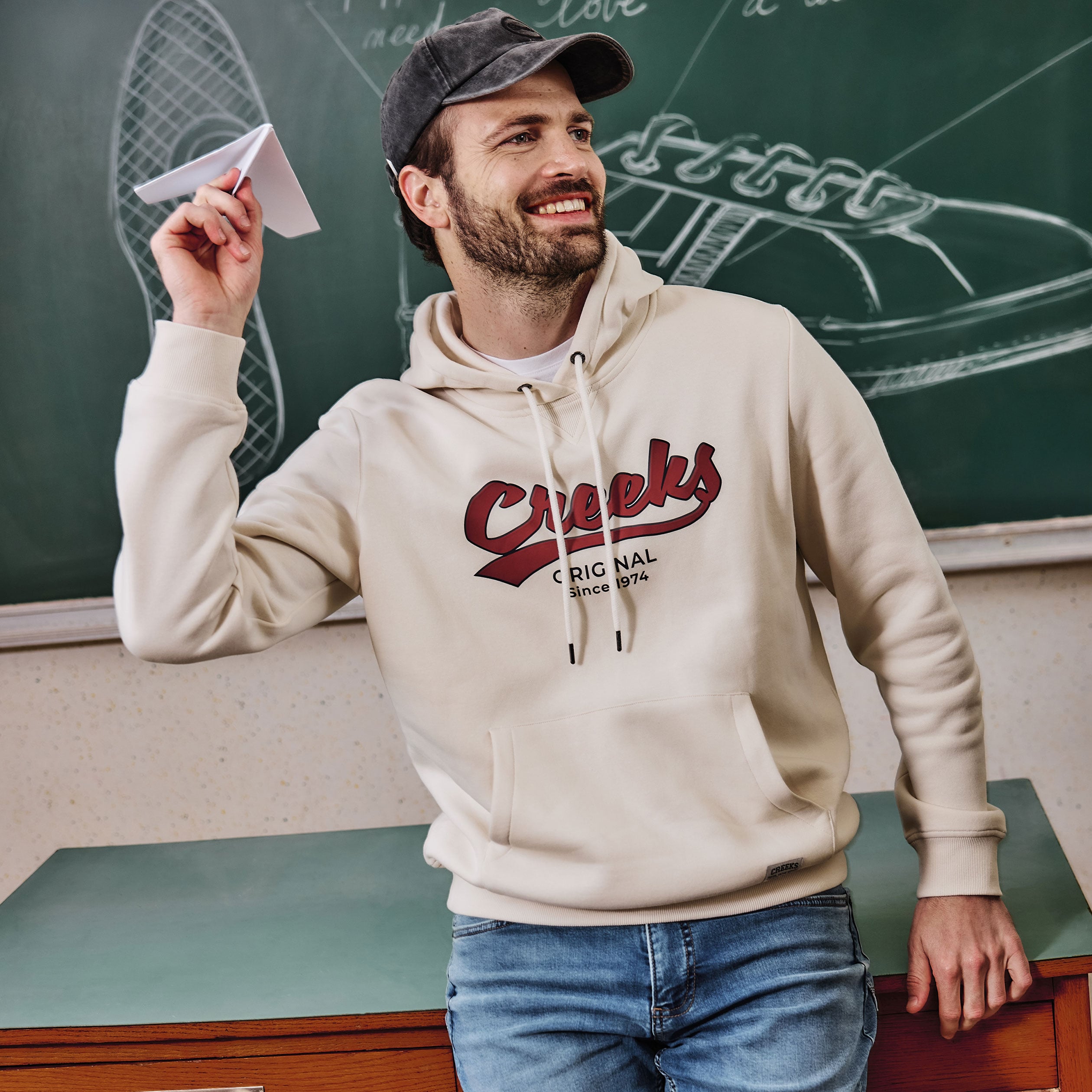 Sweat hoodie &agrave; capuche molleton 1 poche ecru homme