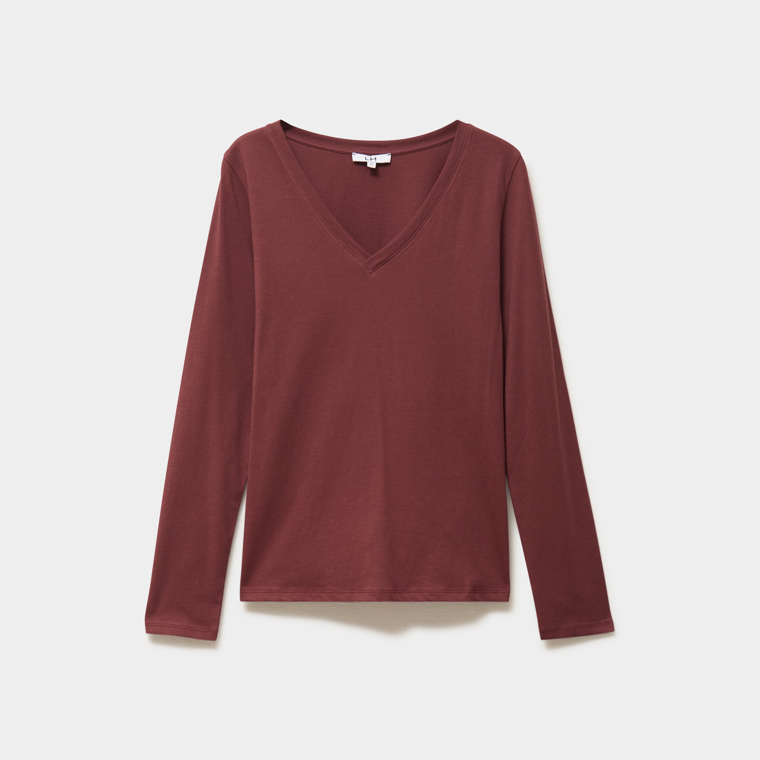 T-shirt col en V manches longues coton bordeaux femme