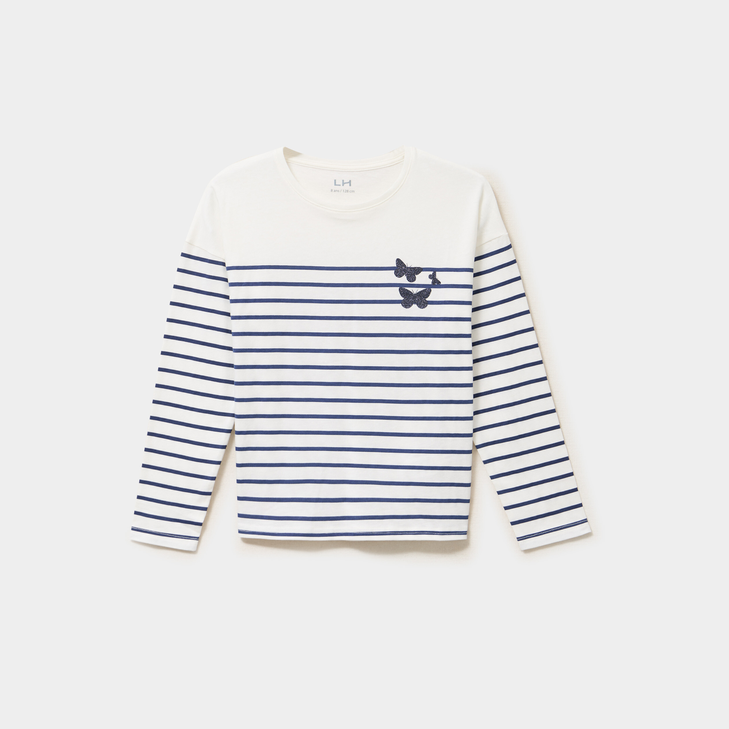 T-shirt coton col rond manches longues bleu marine fille