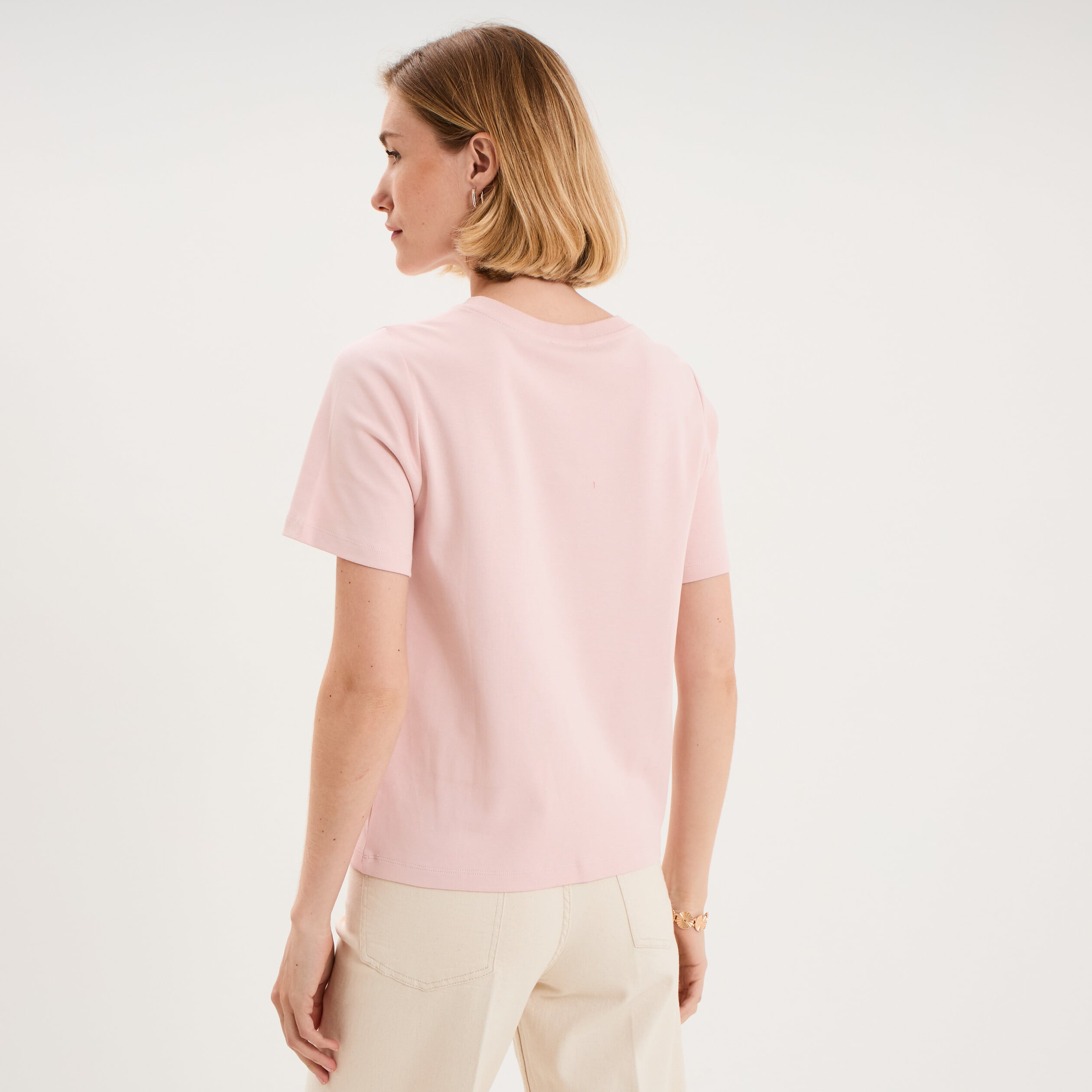T-shirt col rond manches courtes coton rose pastel femme