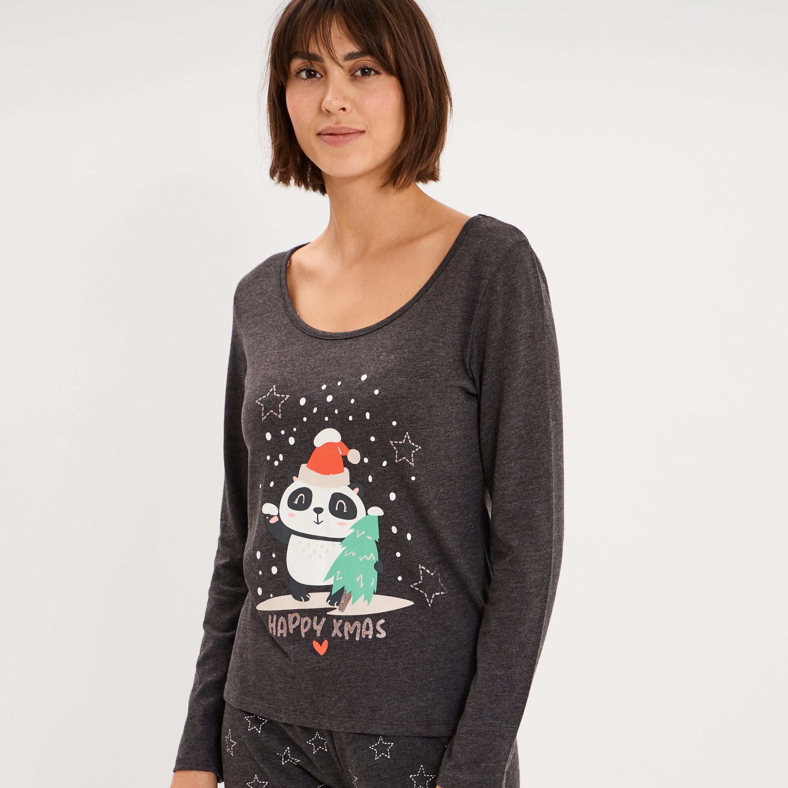 Ensemble pyjama No&euml;l 2 pi&egrave;ces gris fonc&eacute; femme