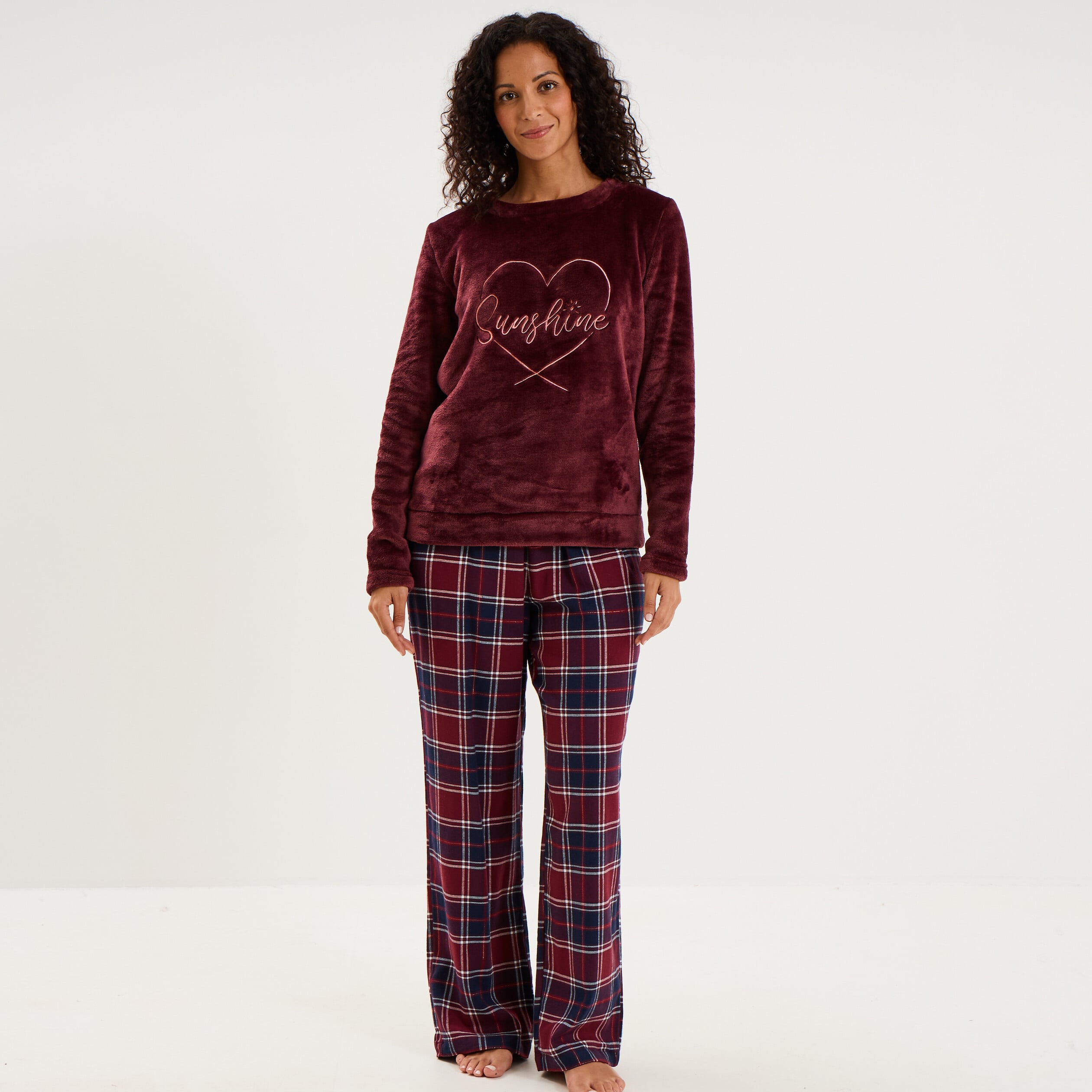 Ensemble pyjama effet polaire 3 pi&egrave;ces bordeaux femme