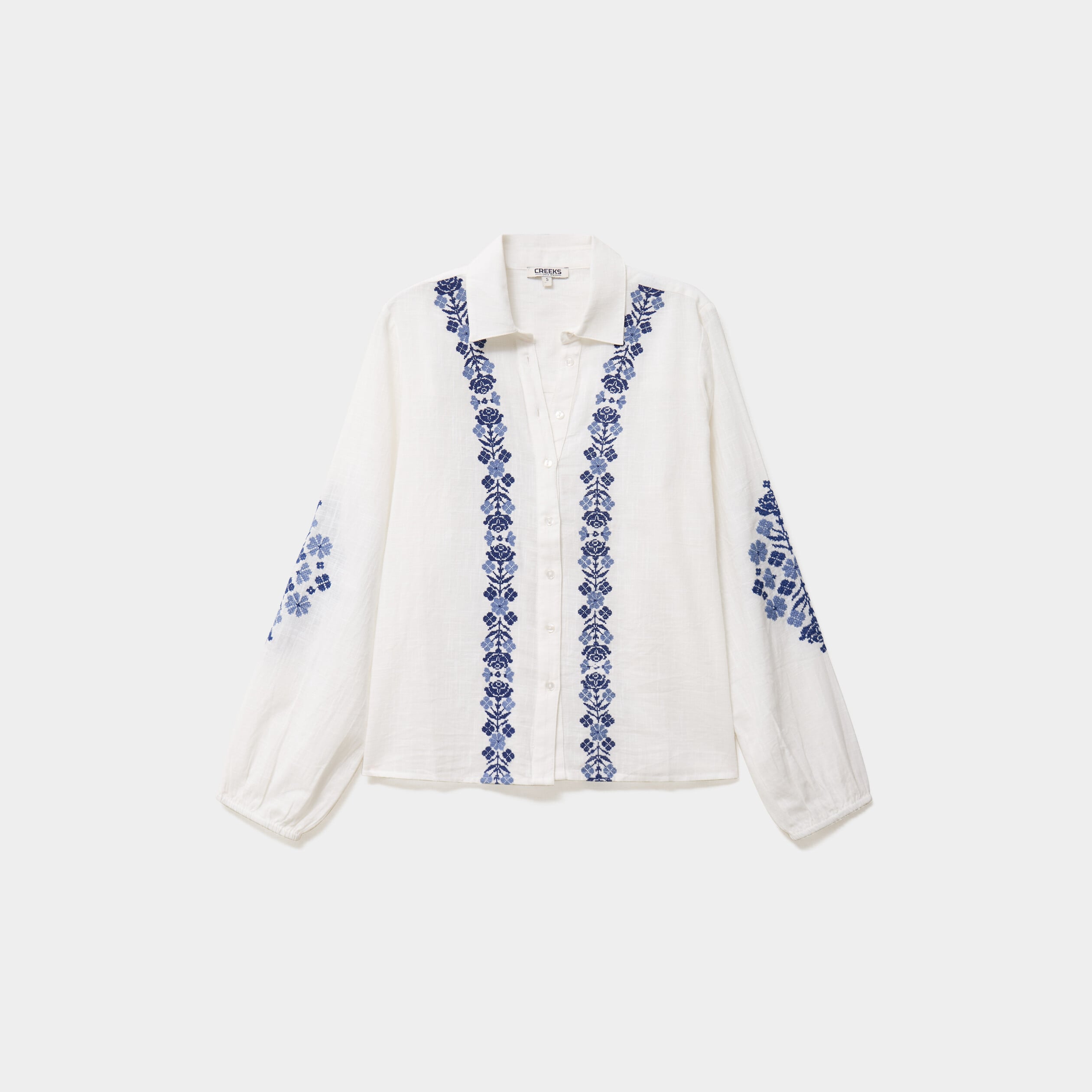 Blouse brod&eacute;e manches longues coton ecru femme