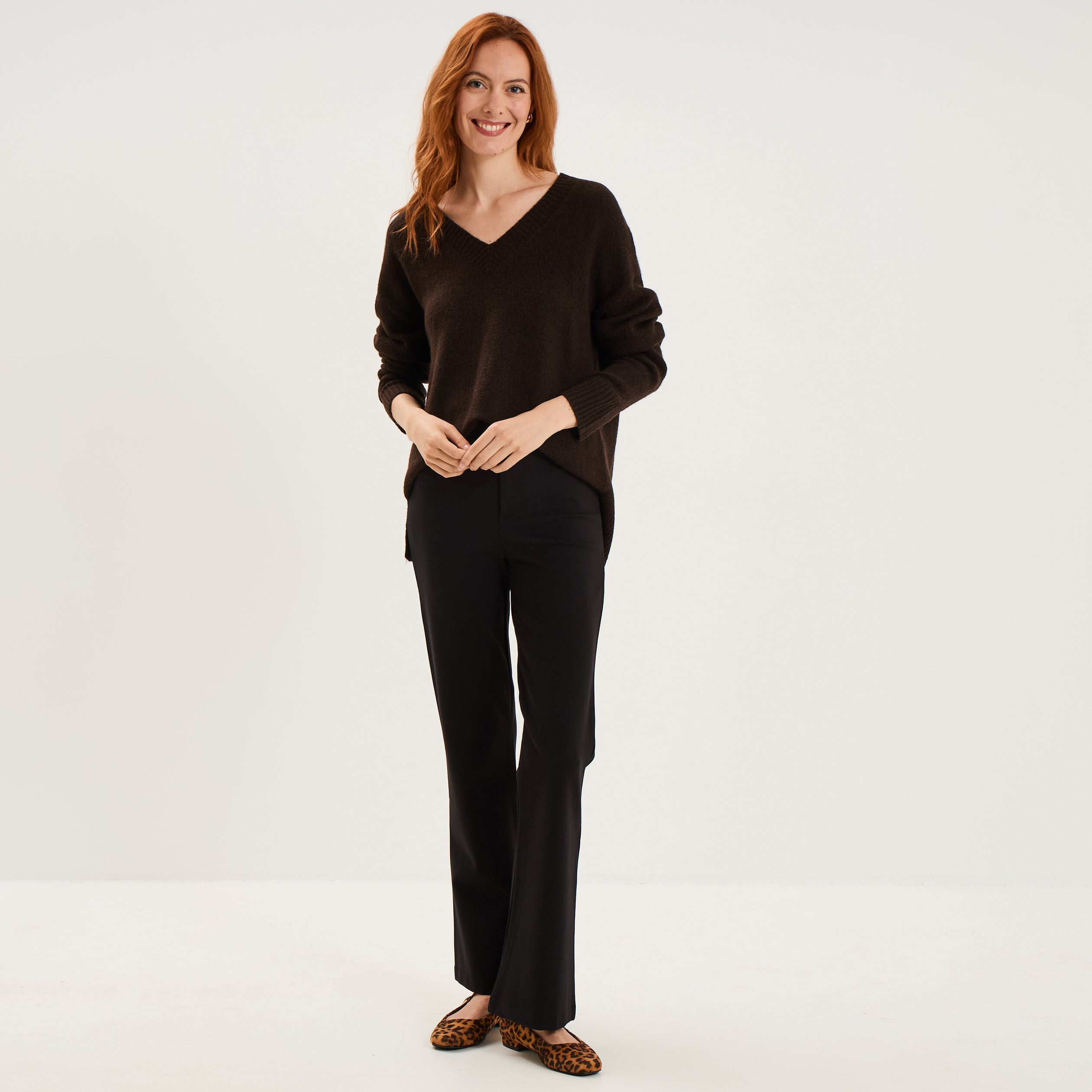 Pantalon flare stretch taille haute noir femme