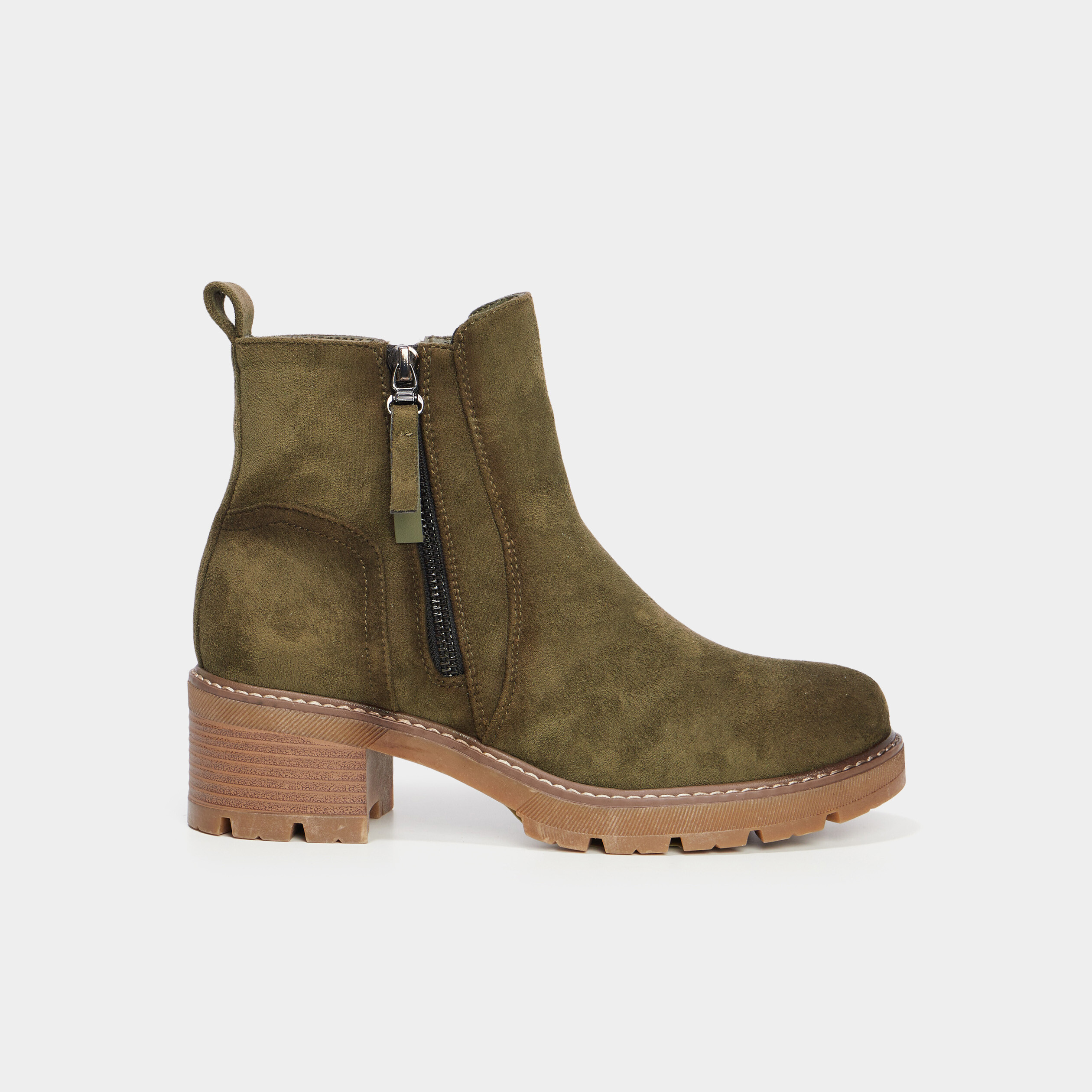 Bottines a talons effet daim zippees vert kaki femme
