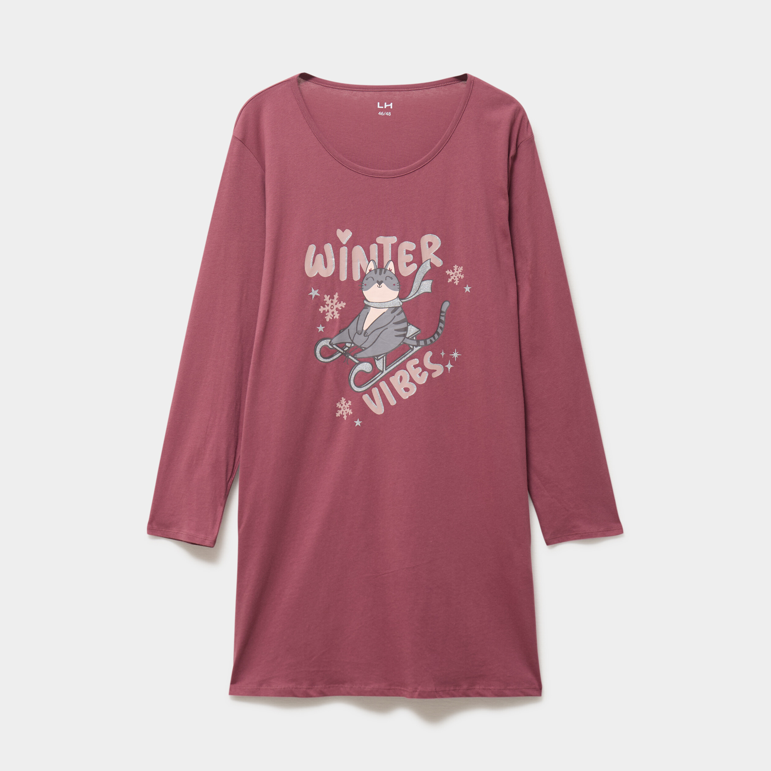 Chemise de nuit manches longues coton rose framboise femme grande taille