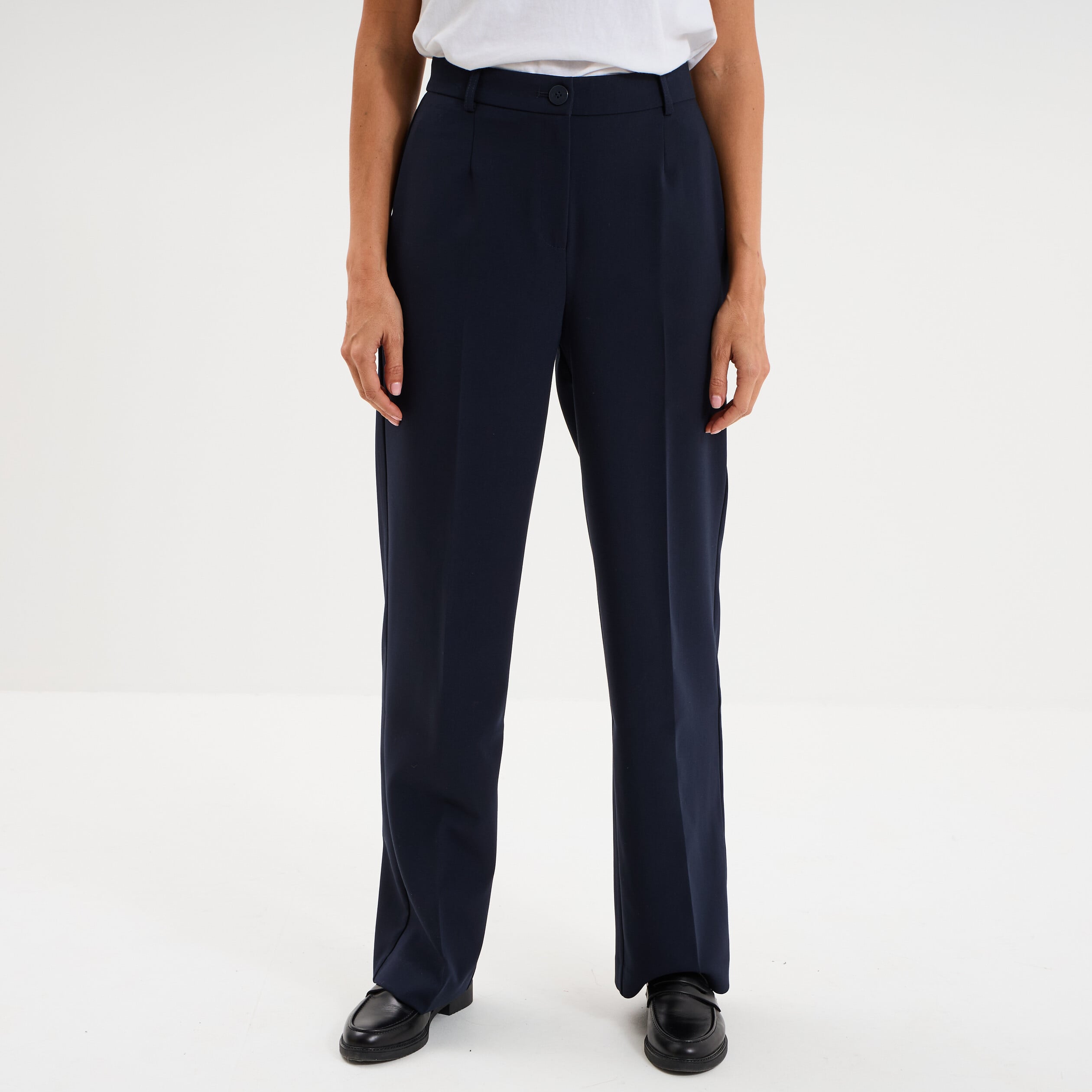 Pantalon taille haute droit avec pinces bleu fonc&eacute; femme