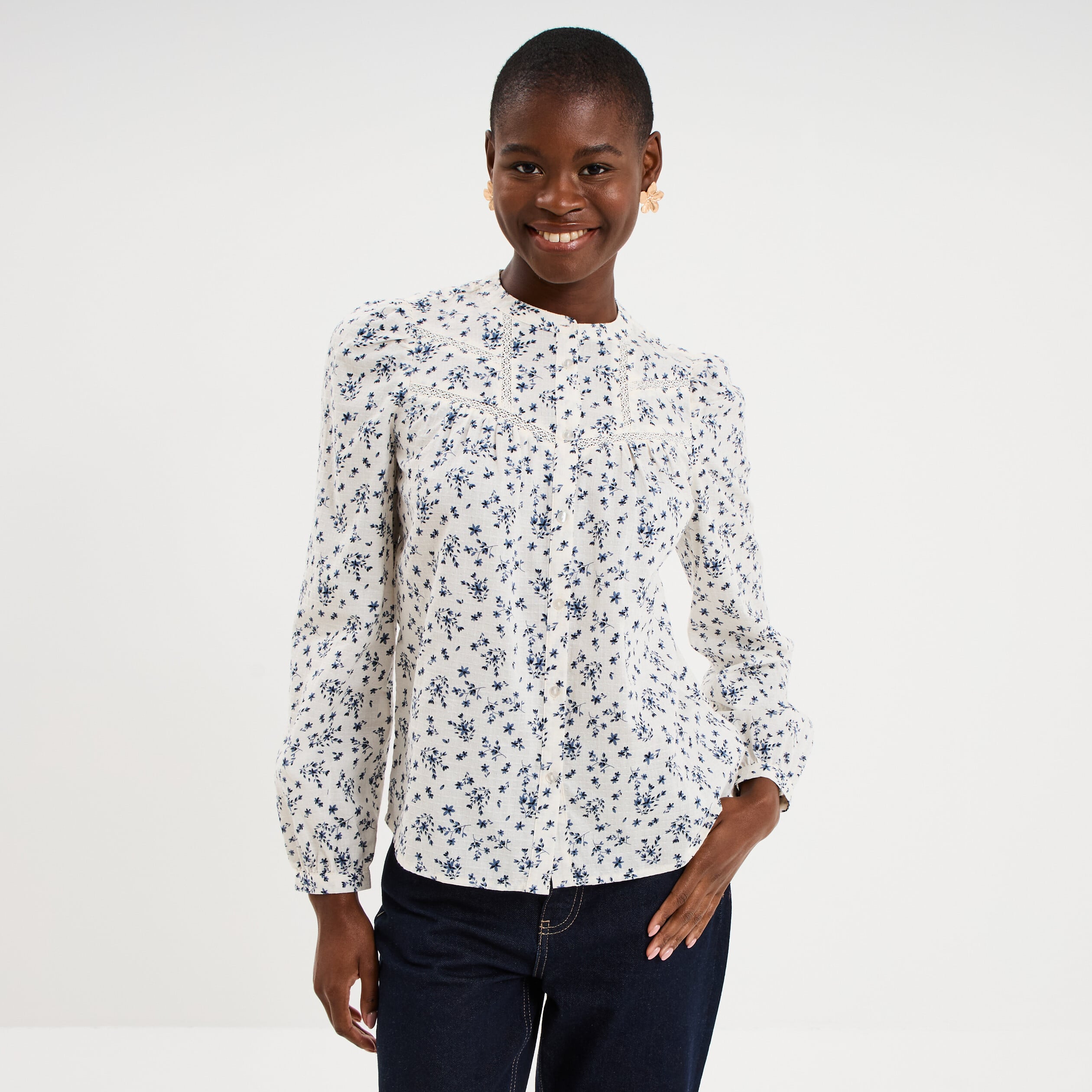 Blouse droite manches longues coton ecru femme