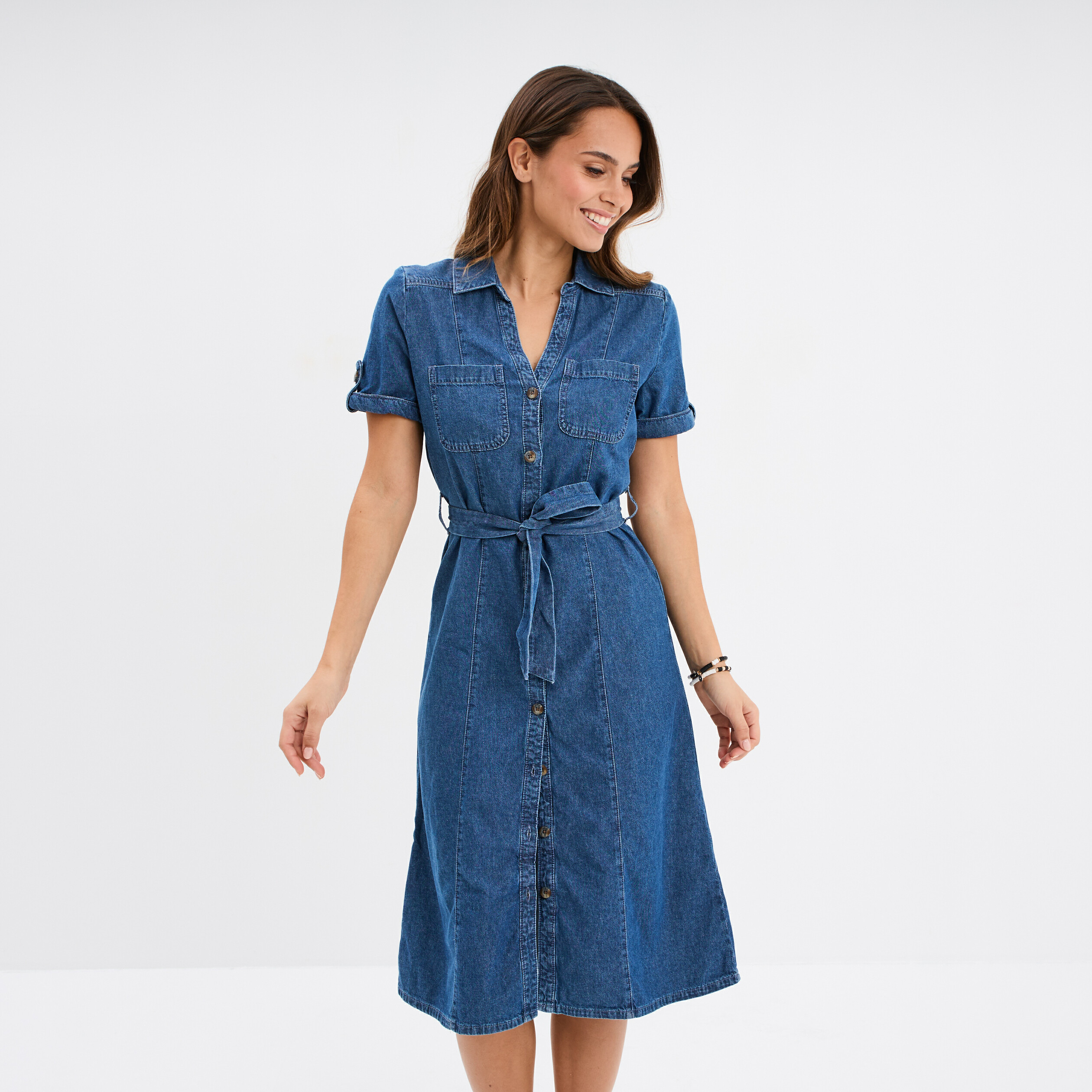 Robe midi en jean ceinturee coton denim double stone femme La Halle