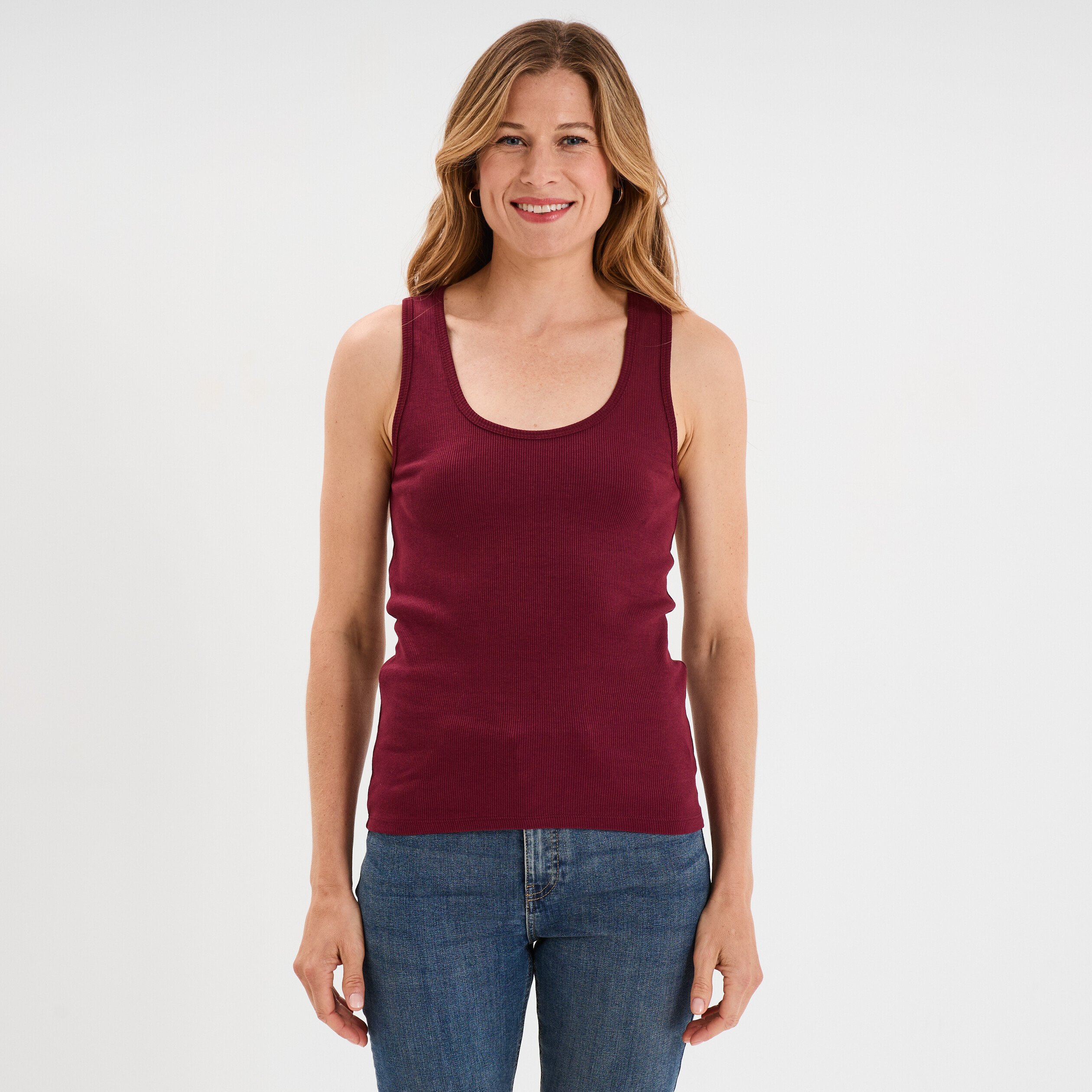 debardeur col rond cotele coton bordeaux femme Débardeur col rond côtelé coton bordeaux femme