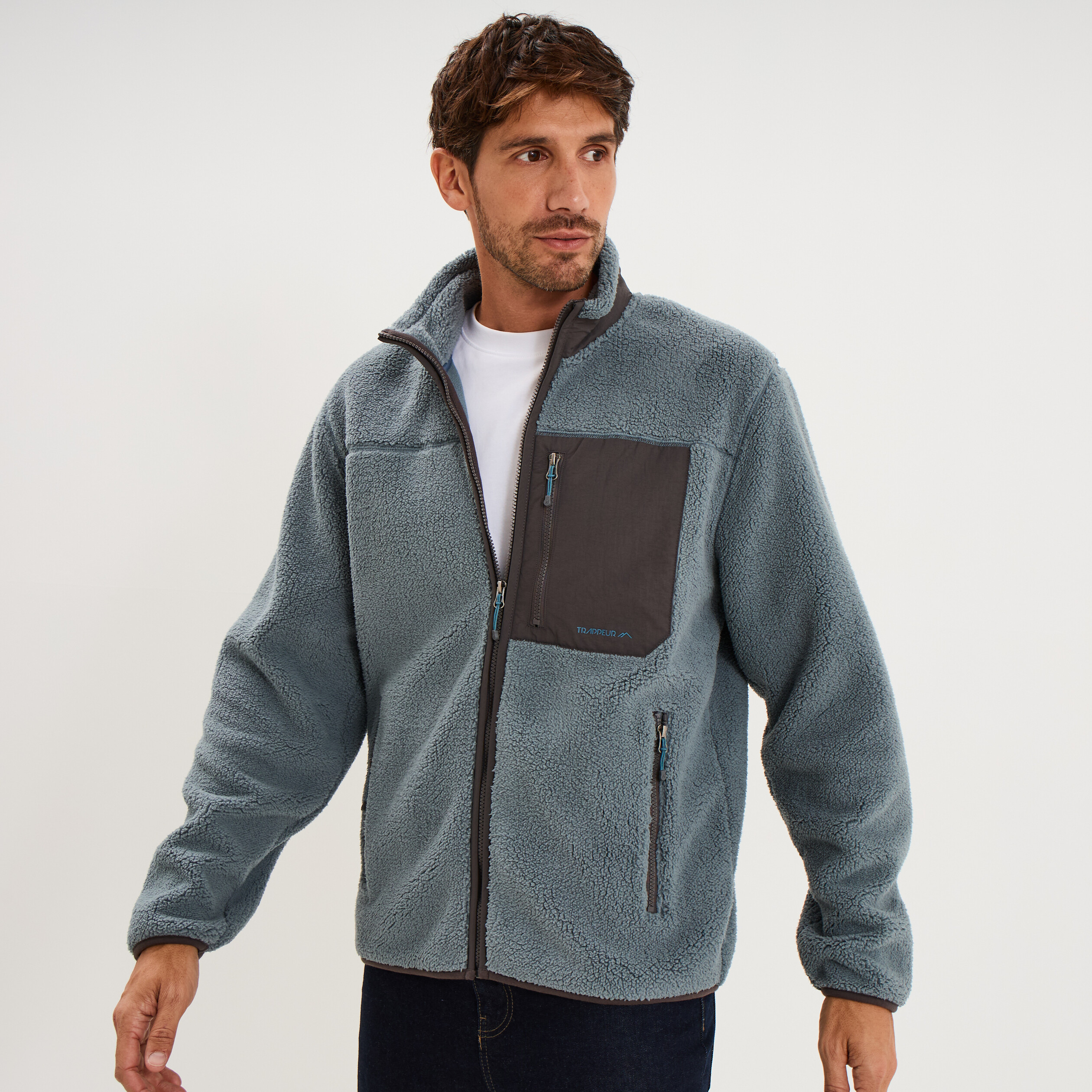 Veste effet sherpa zipp&eacute;e 3 poches bleu gris homme