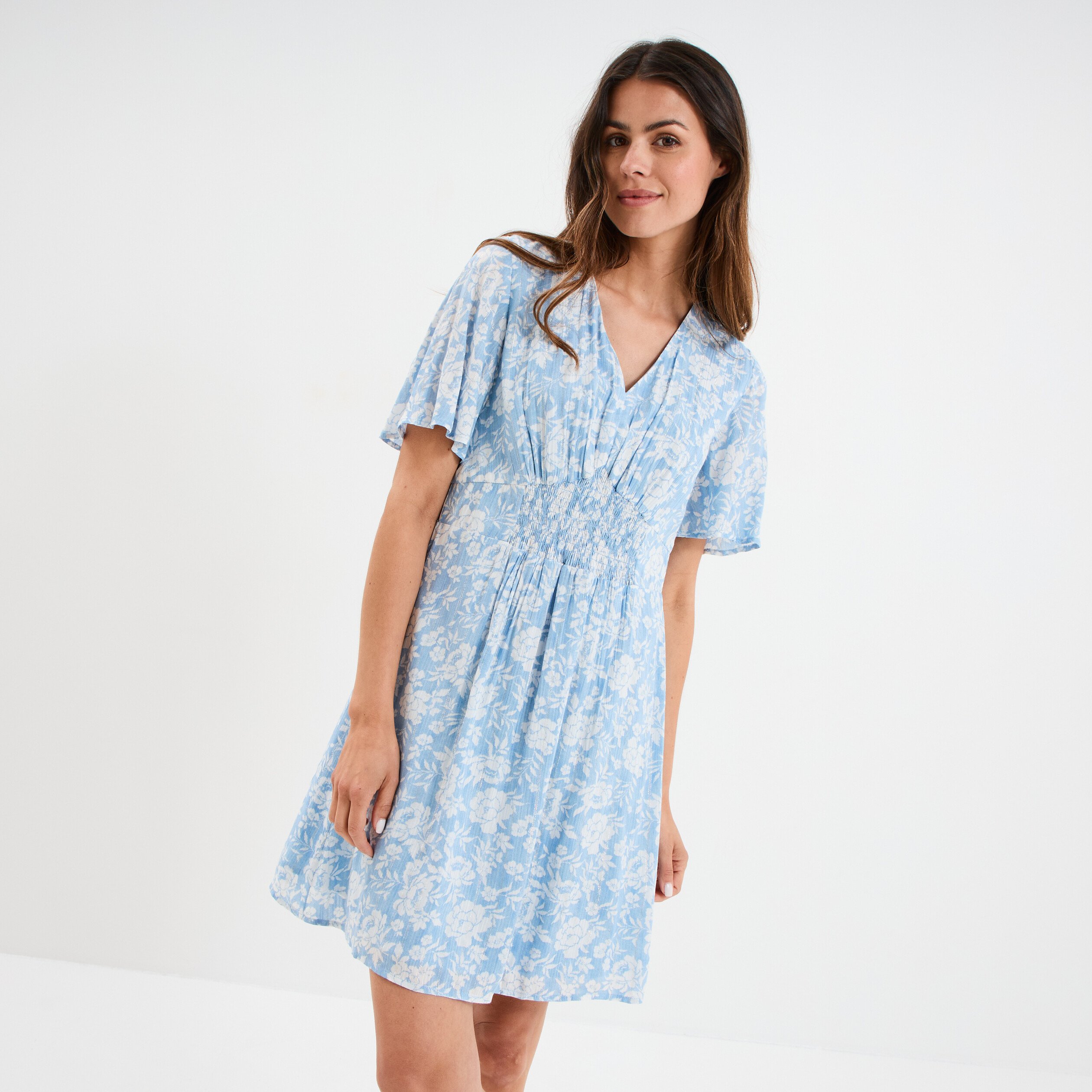 robe col en v taille smockee creeks bleu ciel femme Robe col en V taille smockée Creeks bleu ciel femme
