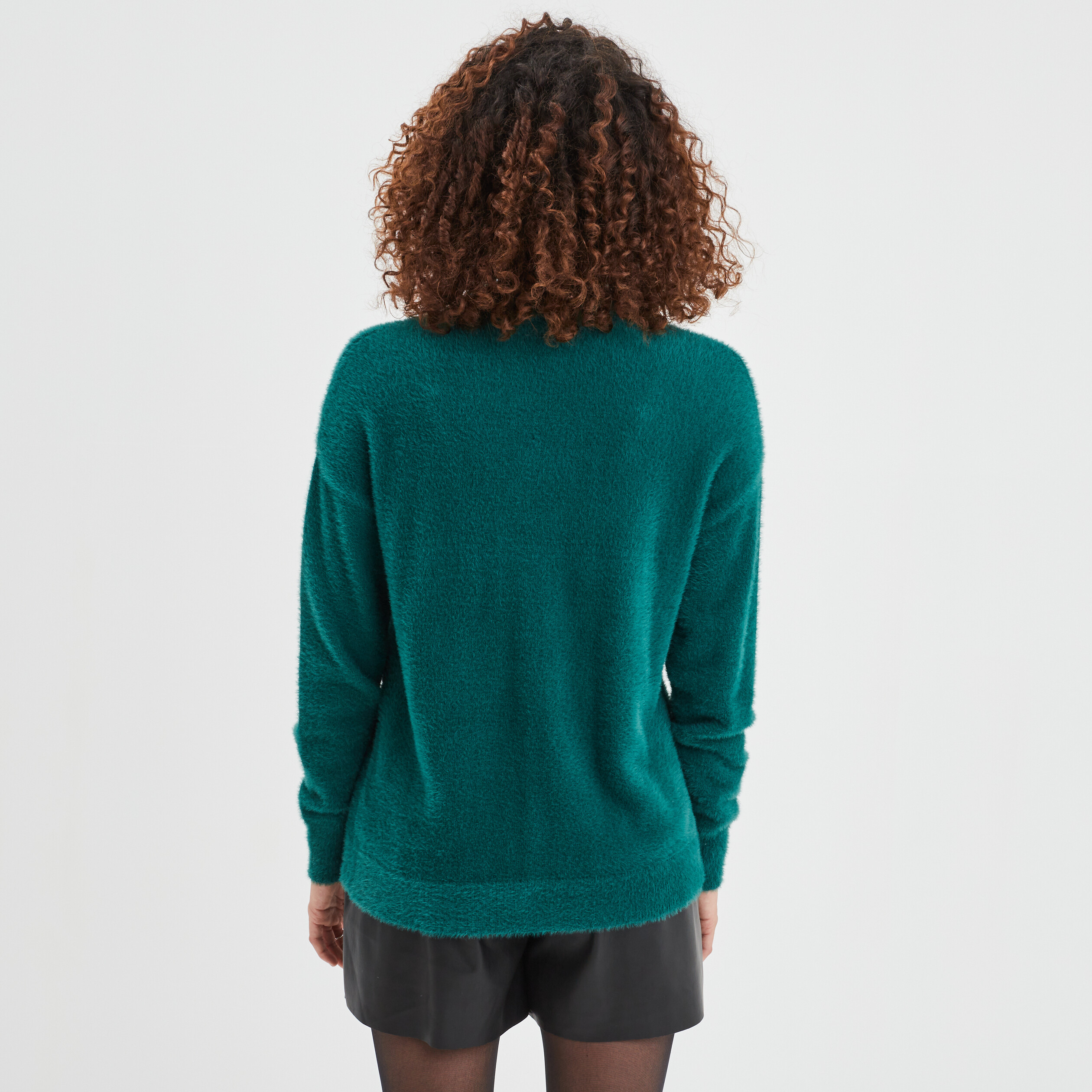 Pull mailles duveteuses col montant vert foncé femme