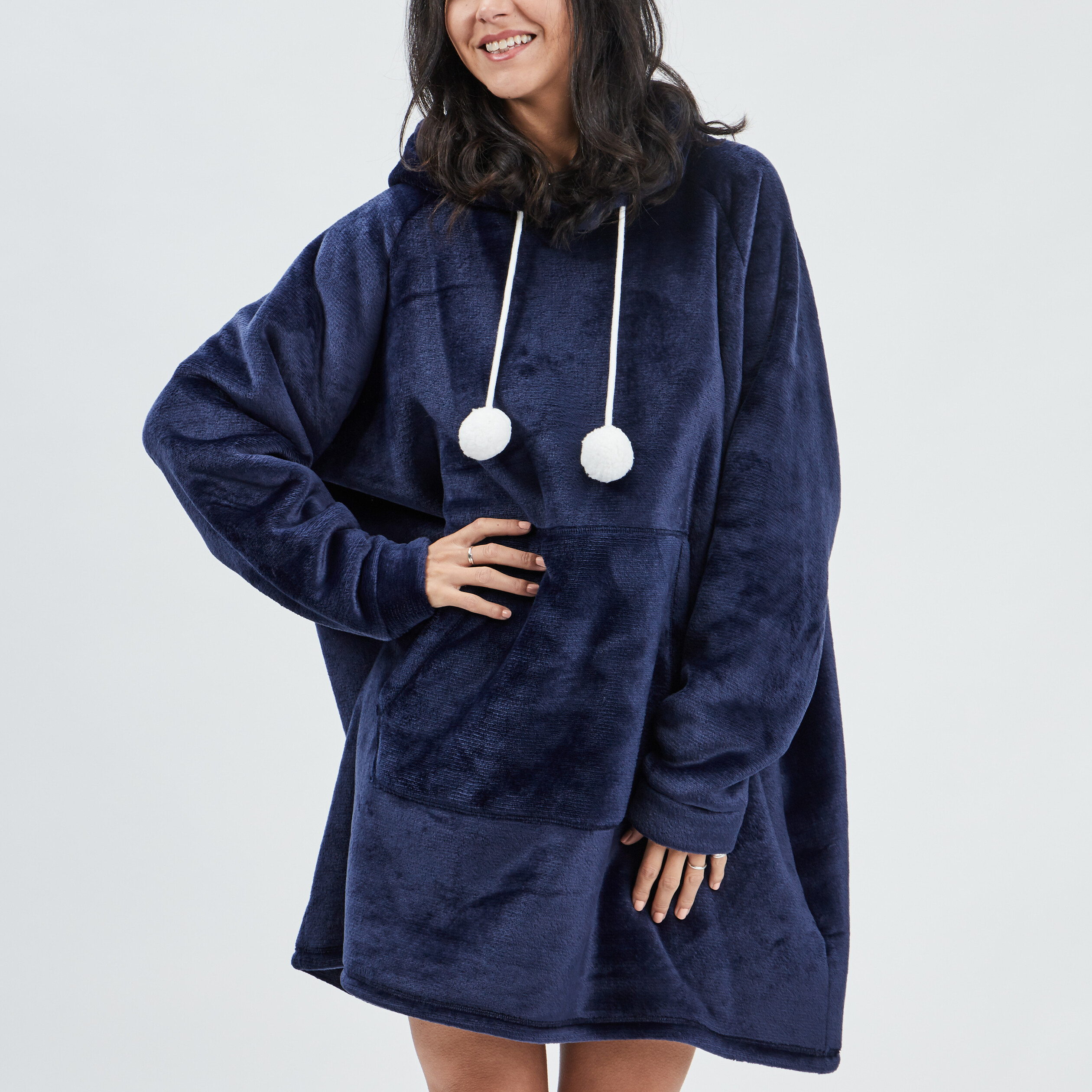 Poncho plaid à capuche bleu marine femme