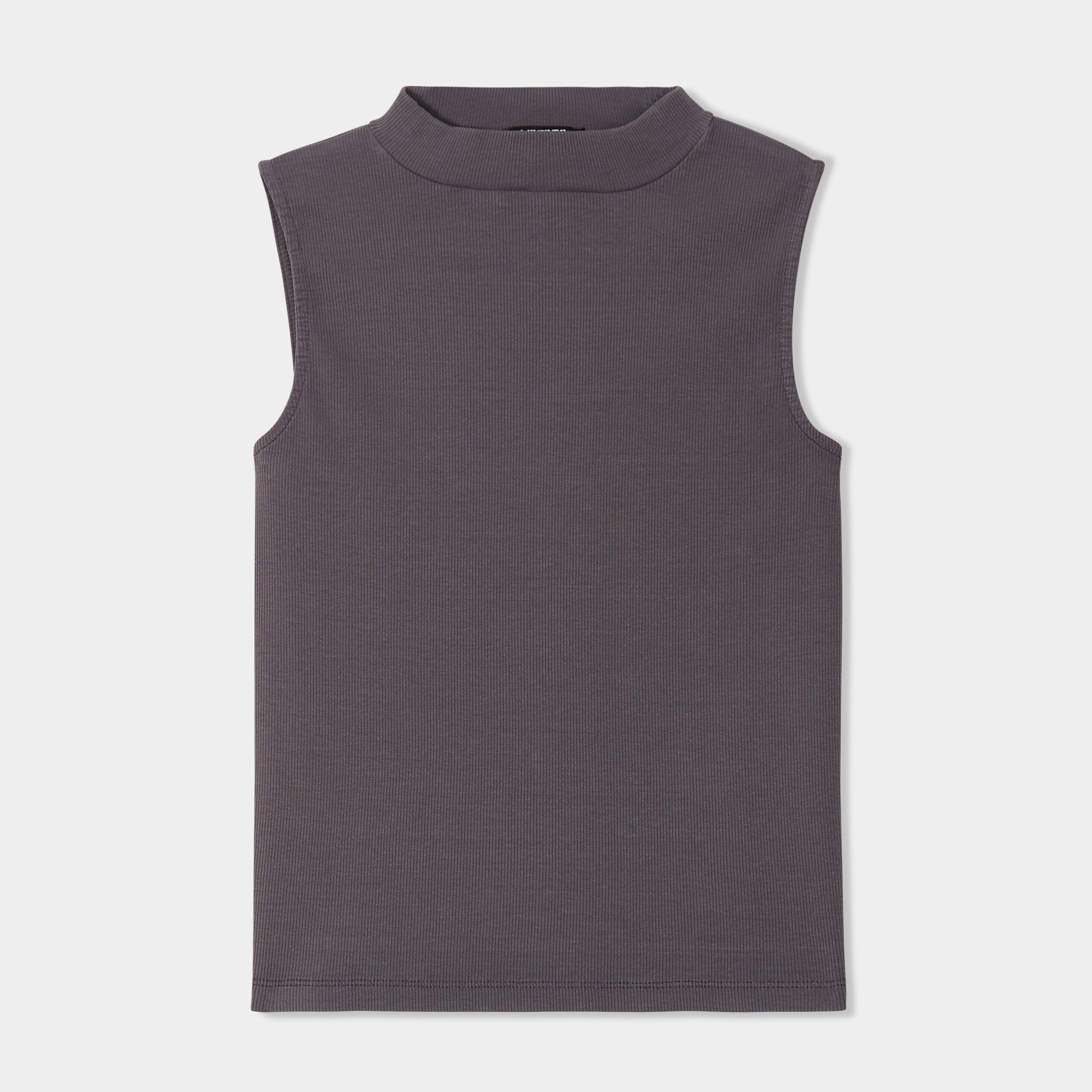 t shirt cotele col montant sans manches bleu gris femme T-shirt côtelé col montant sans manches bleu gris femme