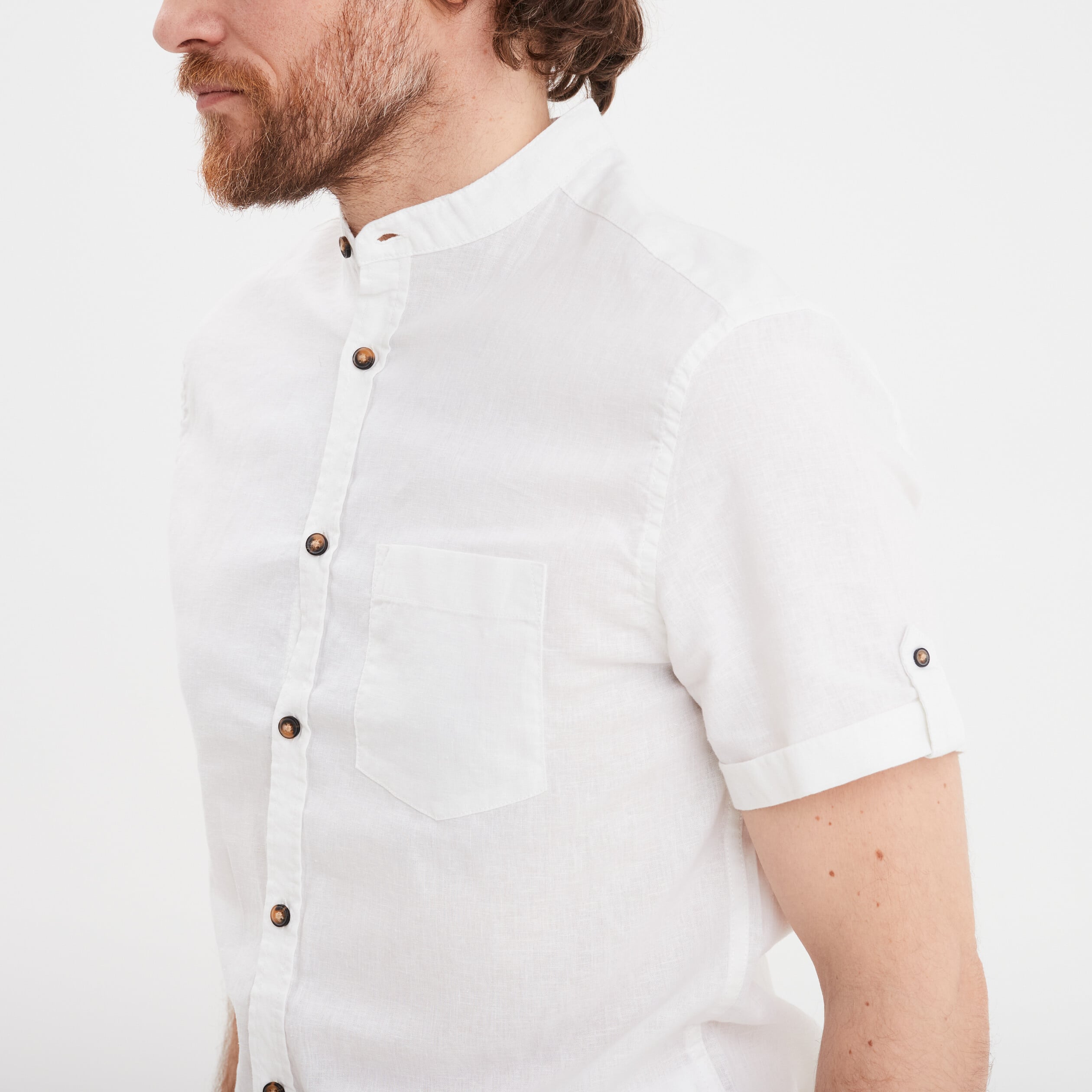Chemise col mao lin m&eacute;lang&eacute; blanc homme