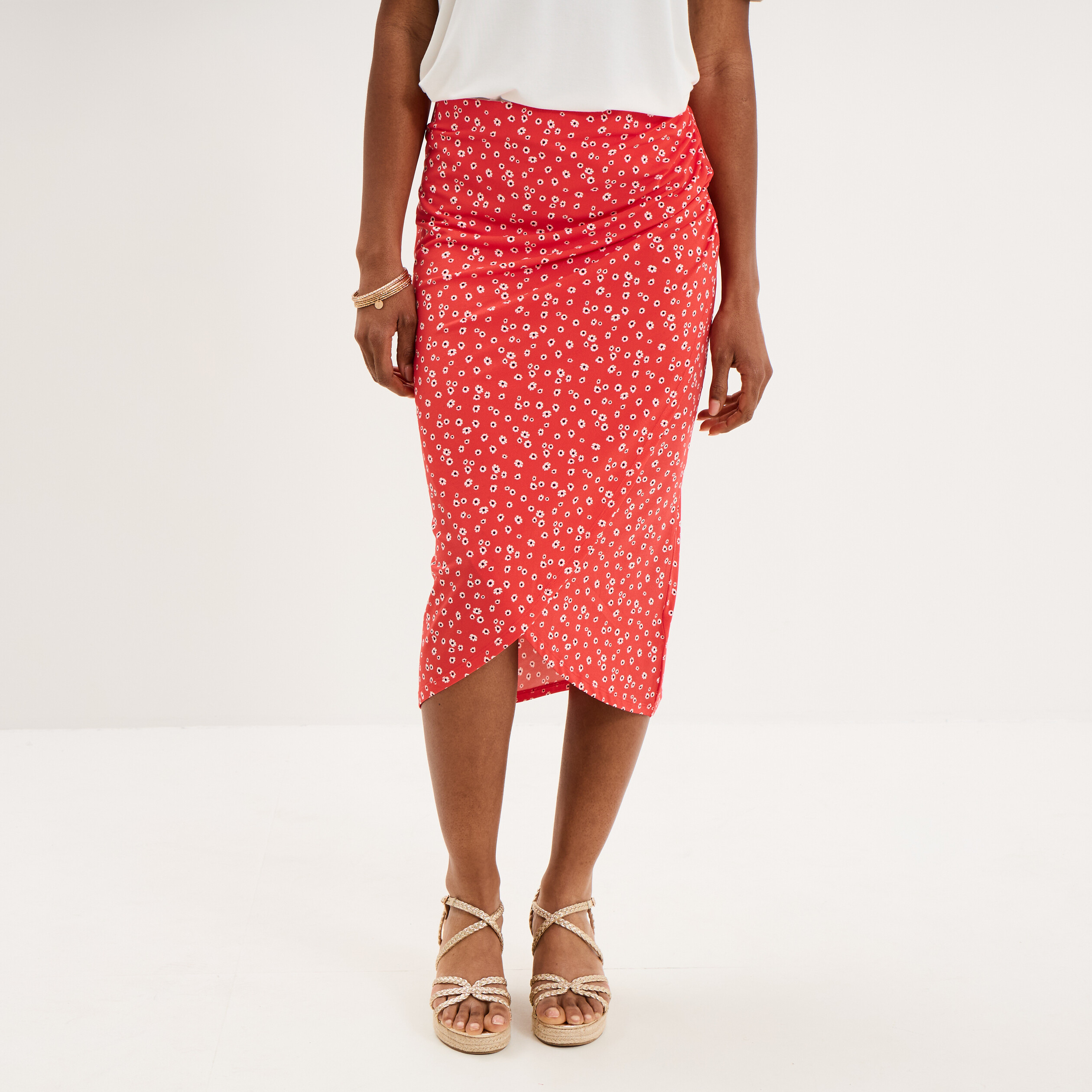 Jupe longue portefeuille stretch rouge coquelicot femme