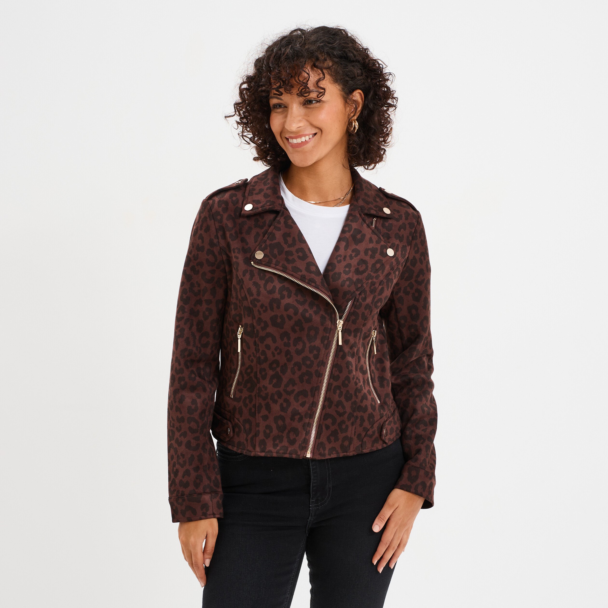 veste courte esprit biker effet suedine marron fonce femme Veste courte esprit biker effet suédine marron foncé femme