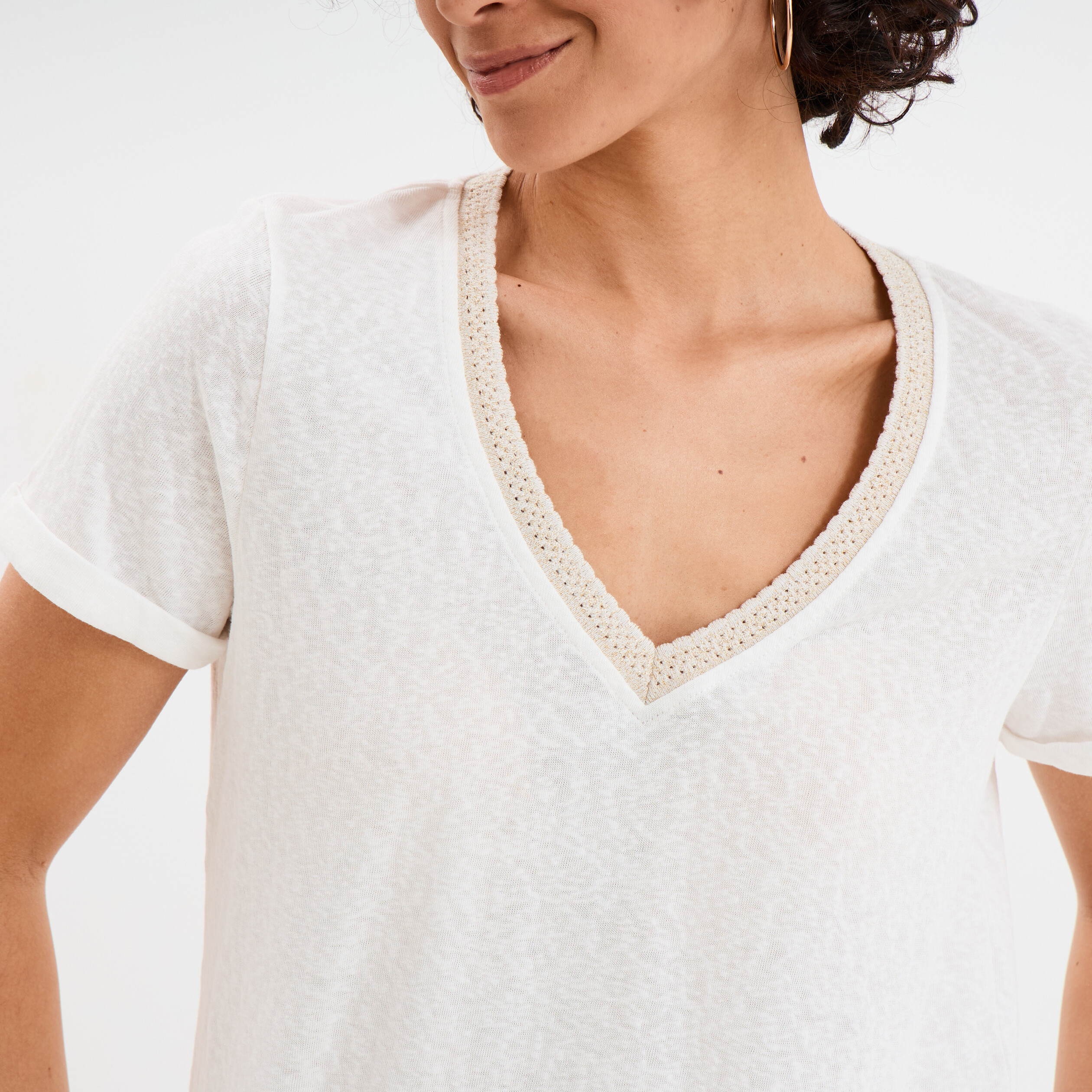 t shirt col en v manches courtes blanc femme T-shirt col en V manches courtes blanc femme