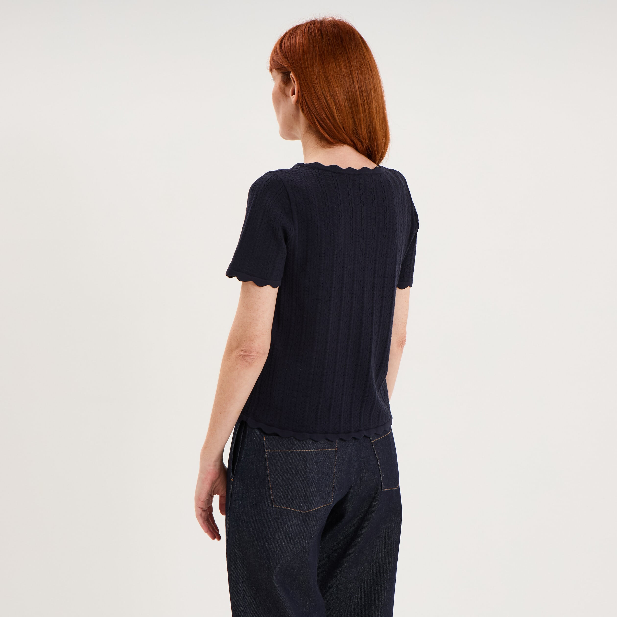 Pull col rond textur&eacute; manches courtes bleu fonc&eacute; femme