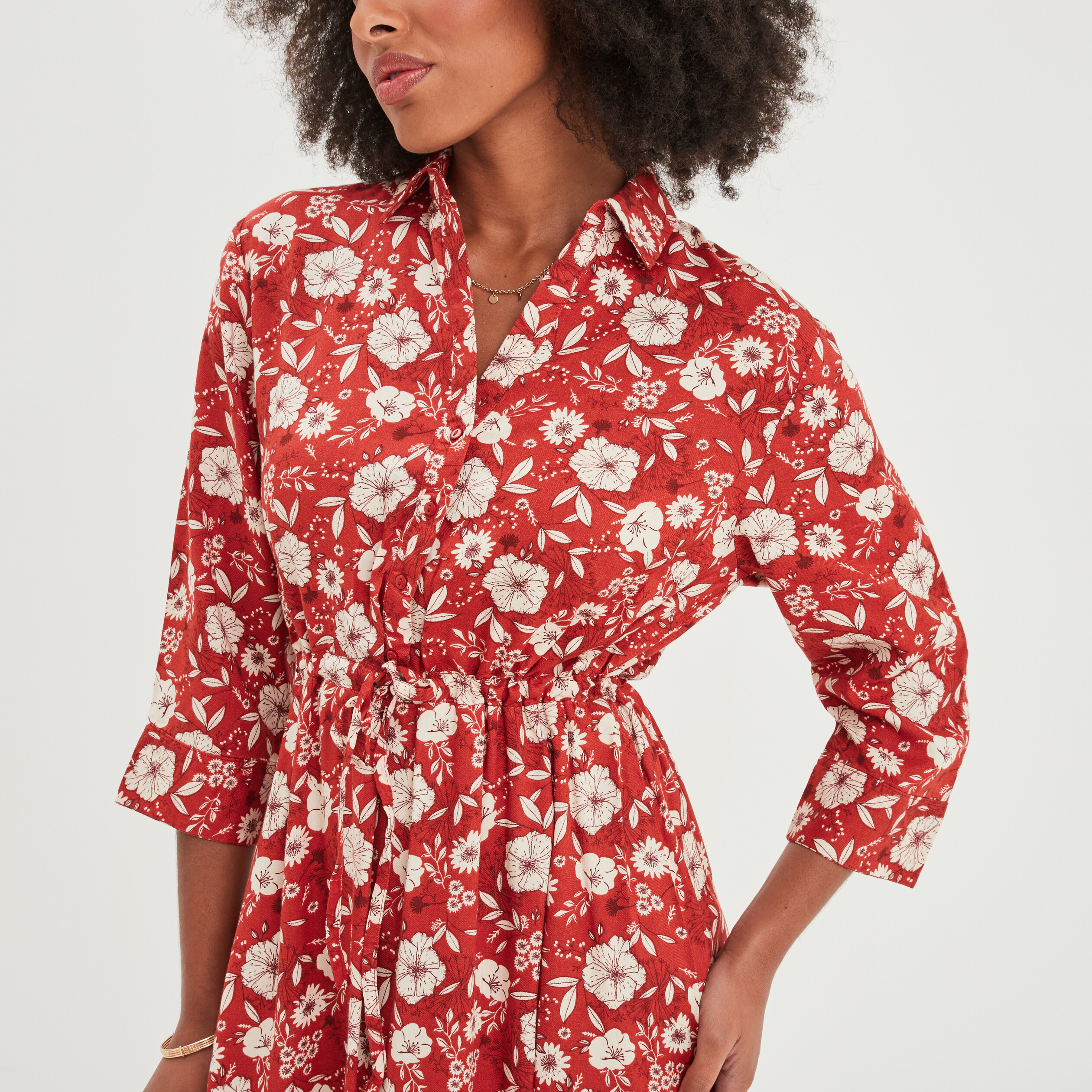 robe longue manches 34 boutonnee marron cognac femme Robe longue manches 3/4 boutonnée marron cognac femme
