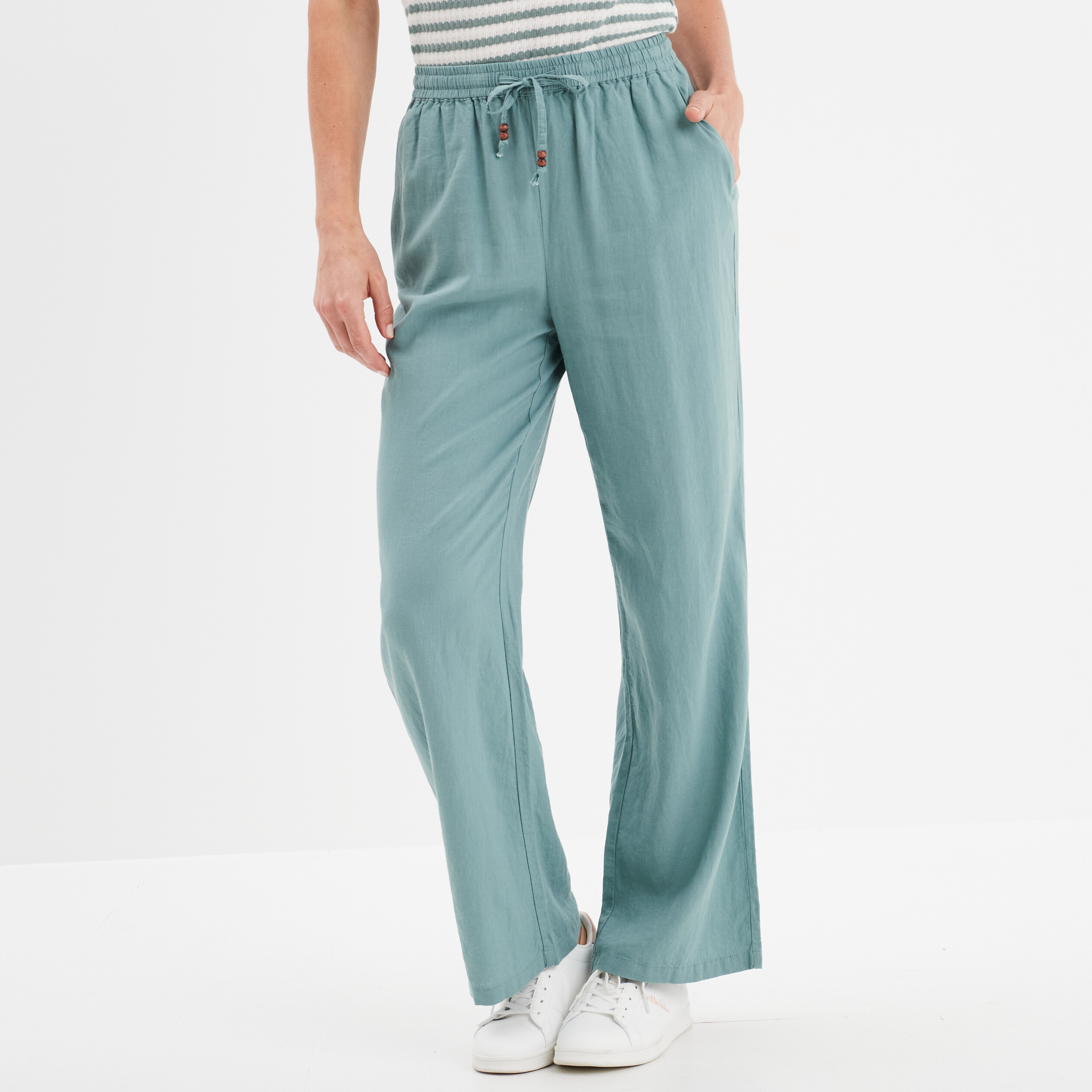 pantalon melange lin taille elastiquee bleu gris femme Pantalon mélange lin taille élastiquée bleu gris femme