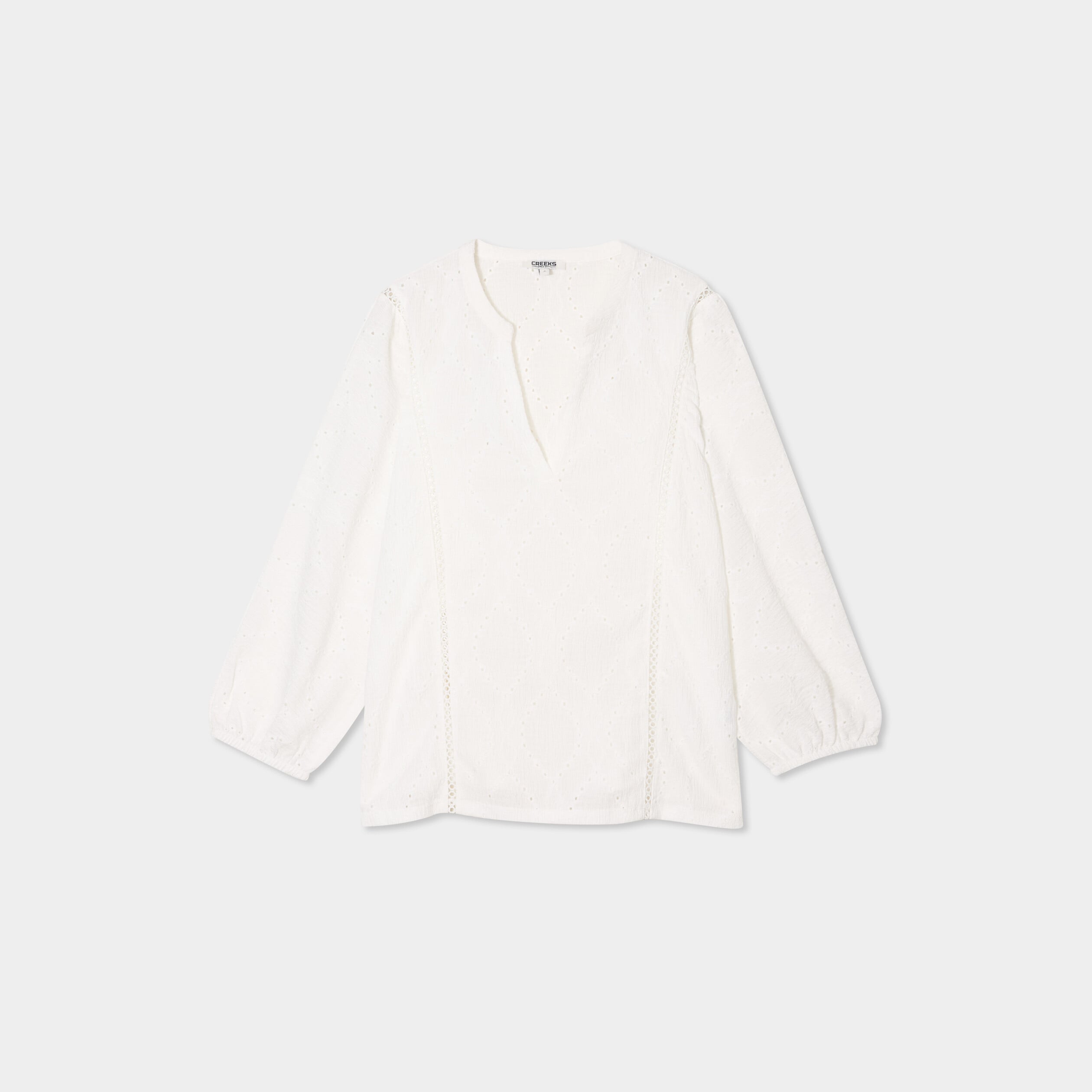 Blouse ajour&eacute;e manches 3/4 col en V blanc femme