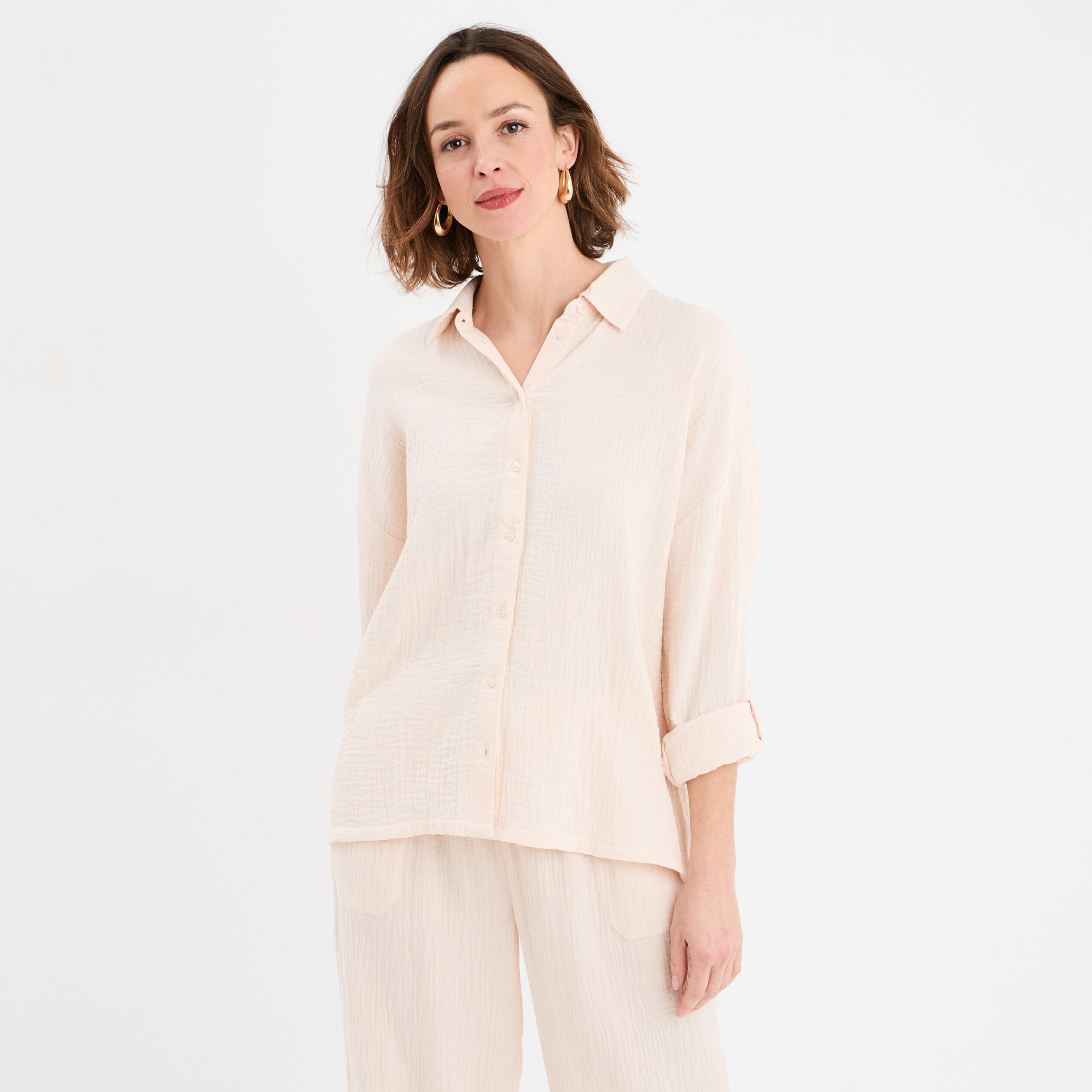 Chemise manches longues en gaze de coton beige femme