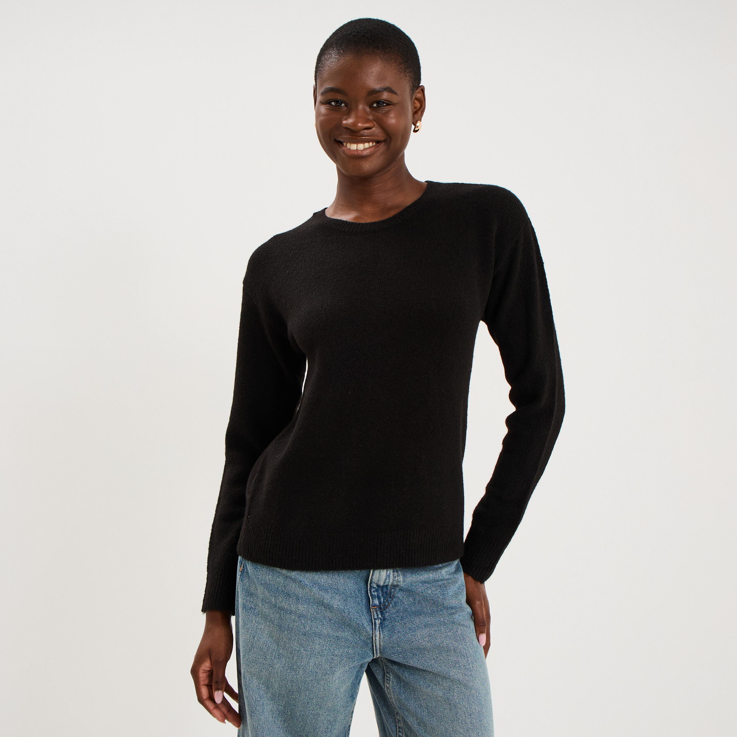 Pull col rond manches longues noir femme