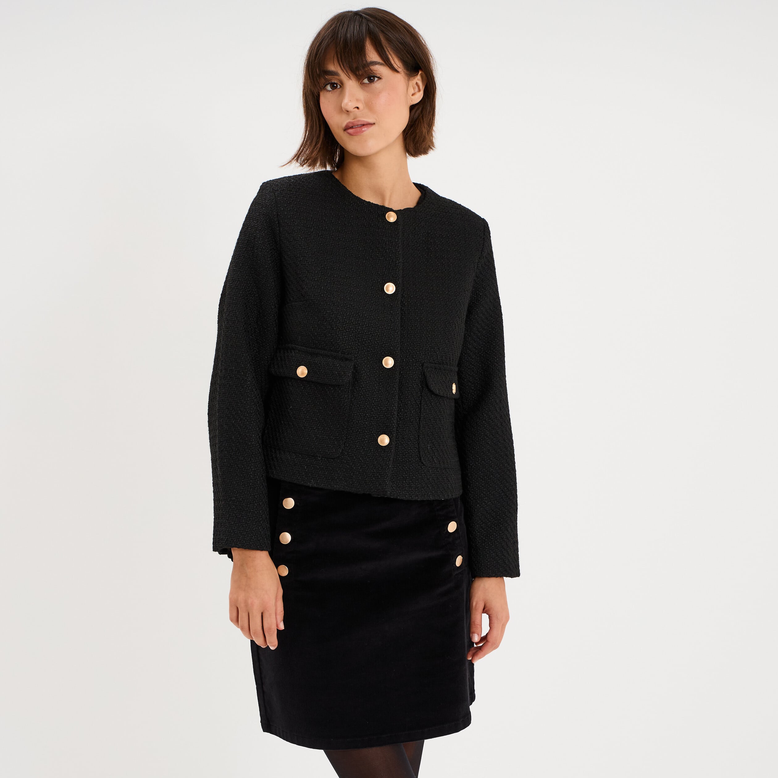 Veste droite boutonn&eacute;e tweed&eacute;&eacute; noir femme