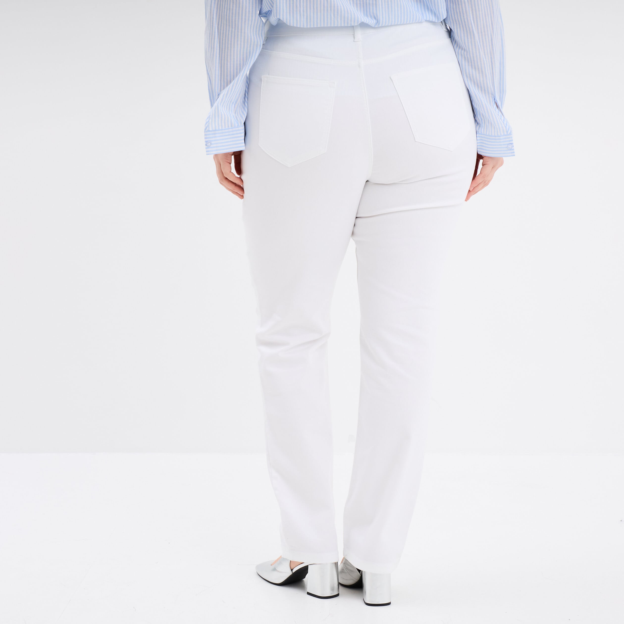 Pantalon droit taille haute extensible blanc femme grande taille