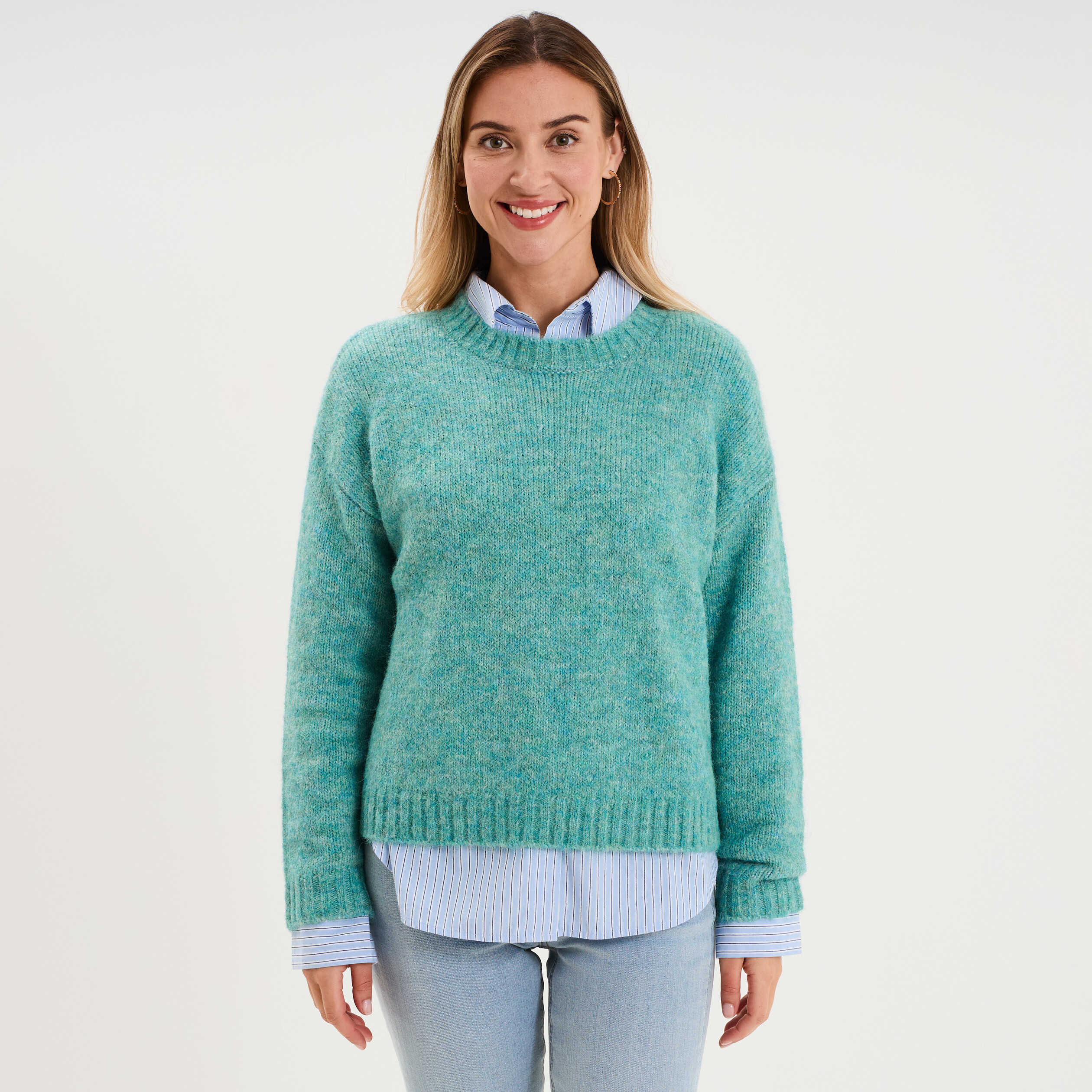 Pull col rond manches longues bleu canard femme