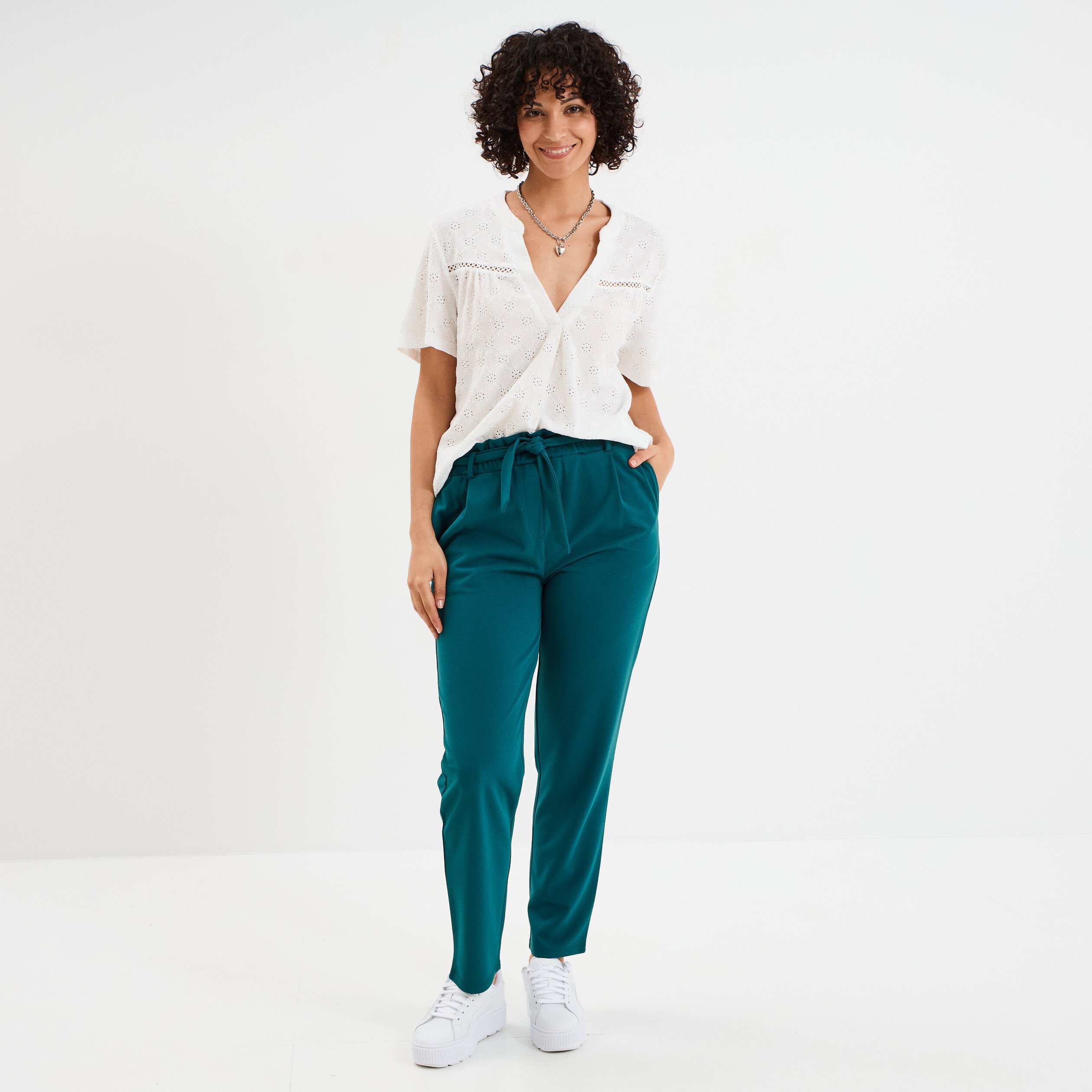 pantalon city paperbag ceinture 78eme vert fonce femme Pantalon city paperbag ceinturé 7/8ème vert foncé femme