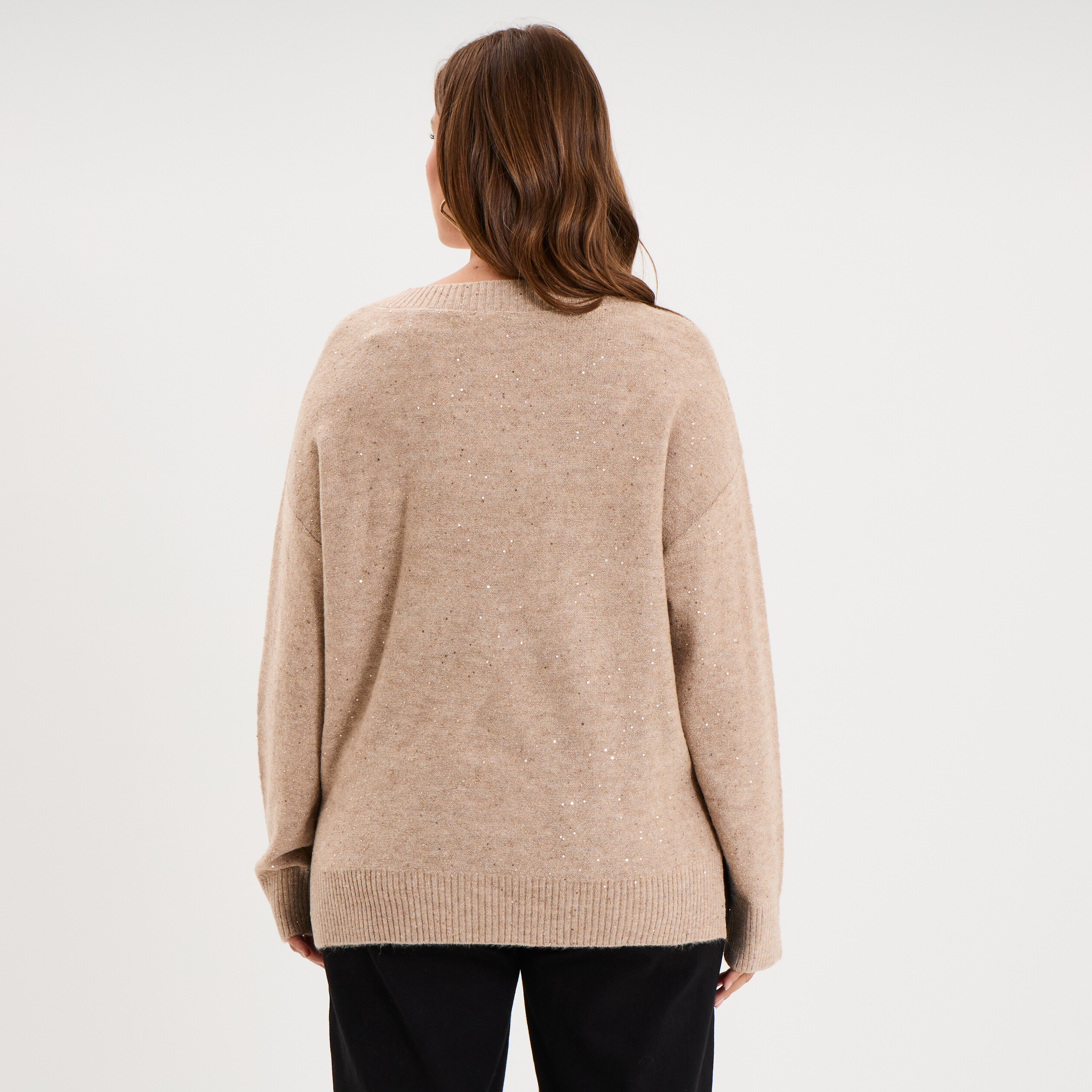 Pull droit sequins col V manches longues beige femme grande taille