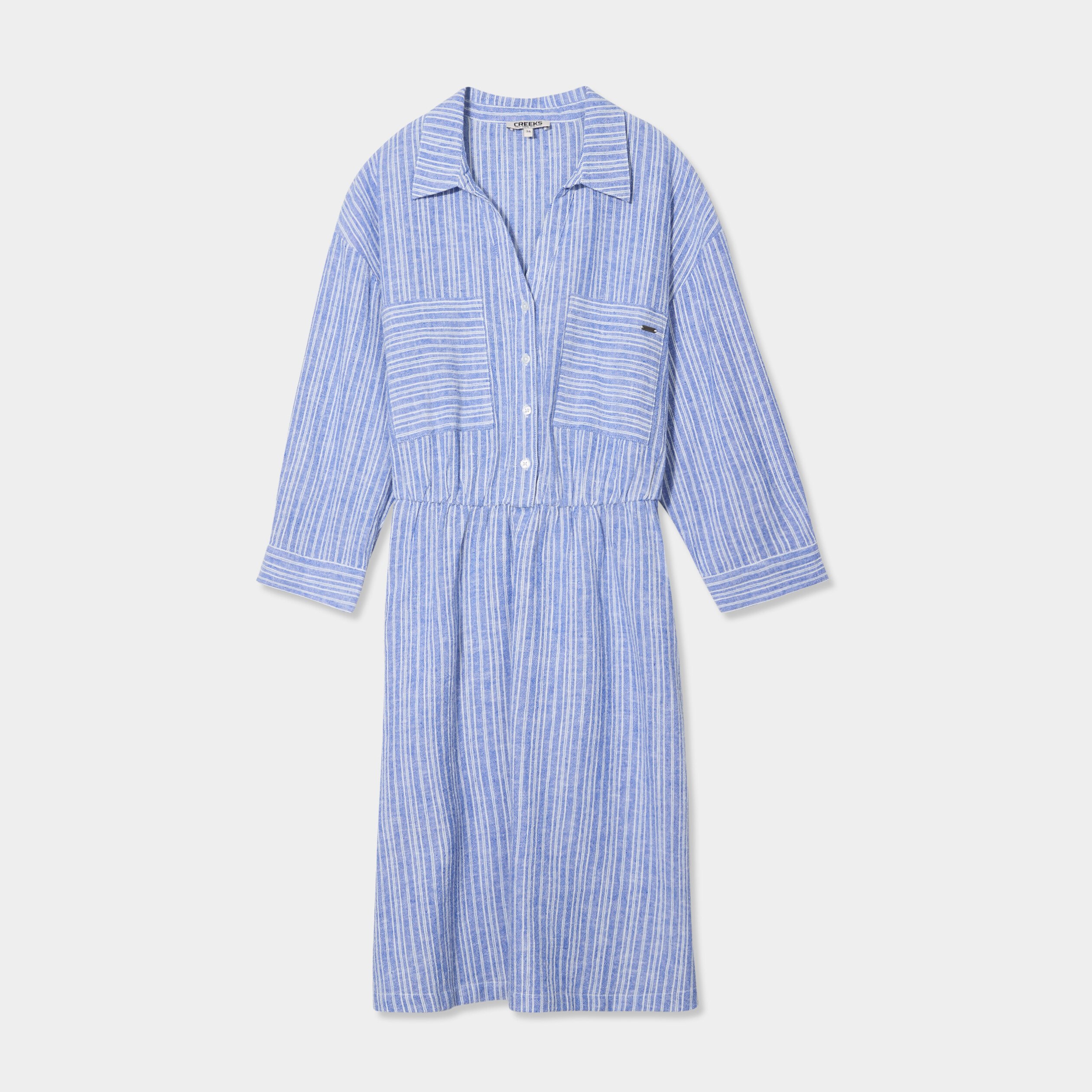 robe col chemise 2 poches melange lin bleu femme Robe col chemise 2 poches mélange lin bleu femme
