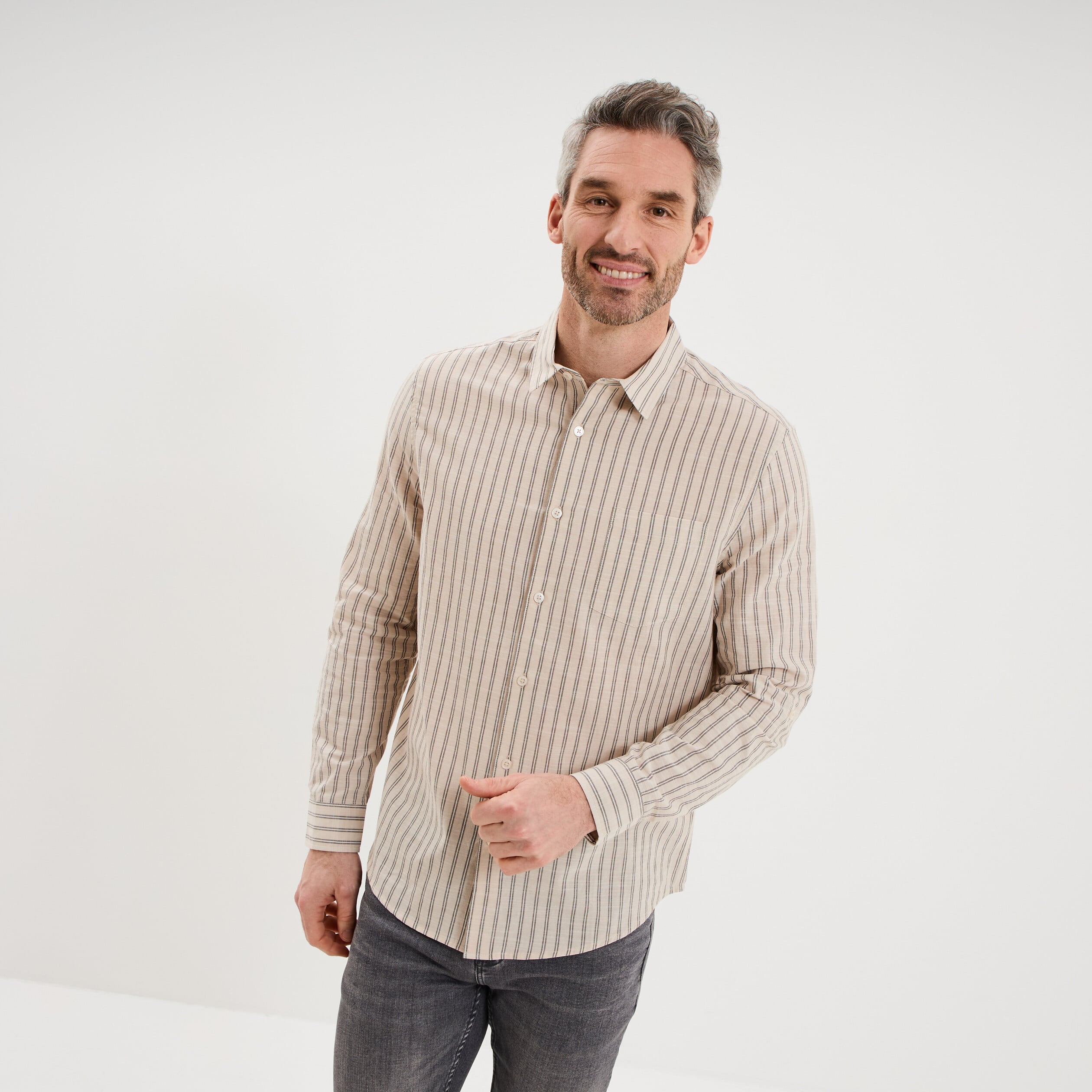 Chemise manches longues coton beige homme