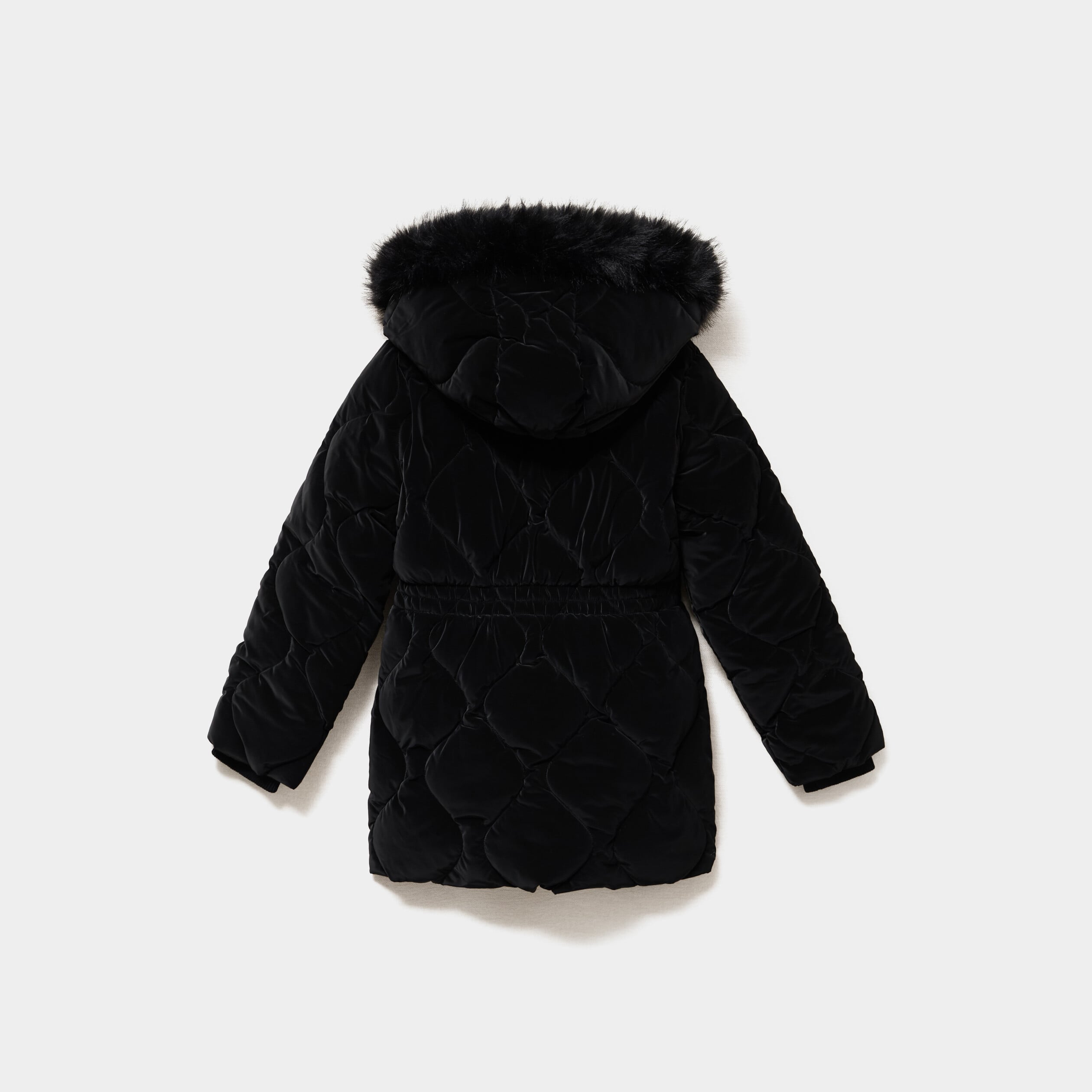 Doudoune mi-longue d&eacute;perlante &agrave; capuche noir fille