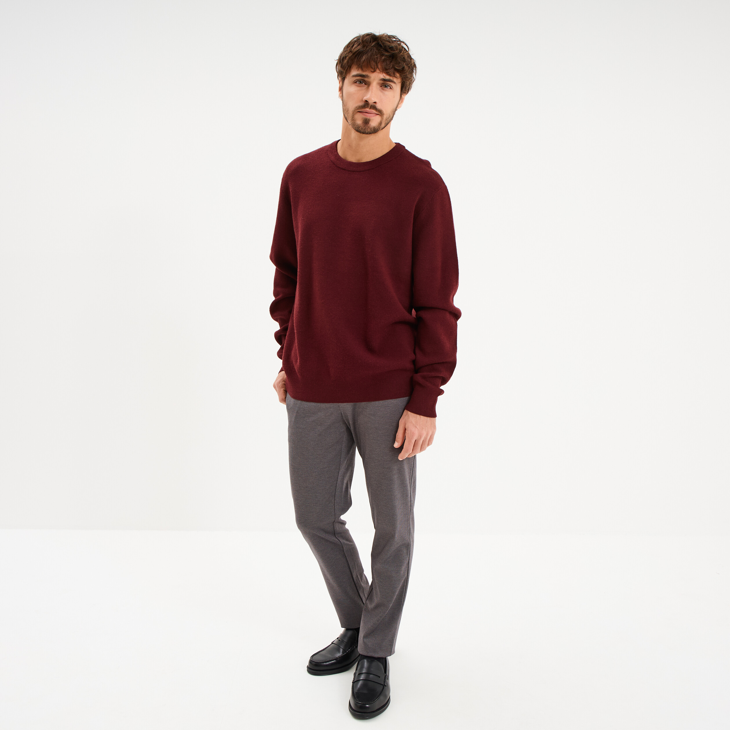 Pull col rond manches longues violet fonc&eacute; homme