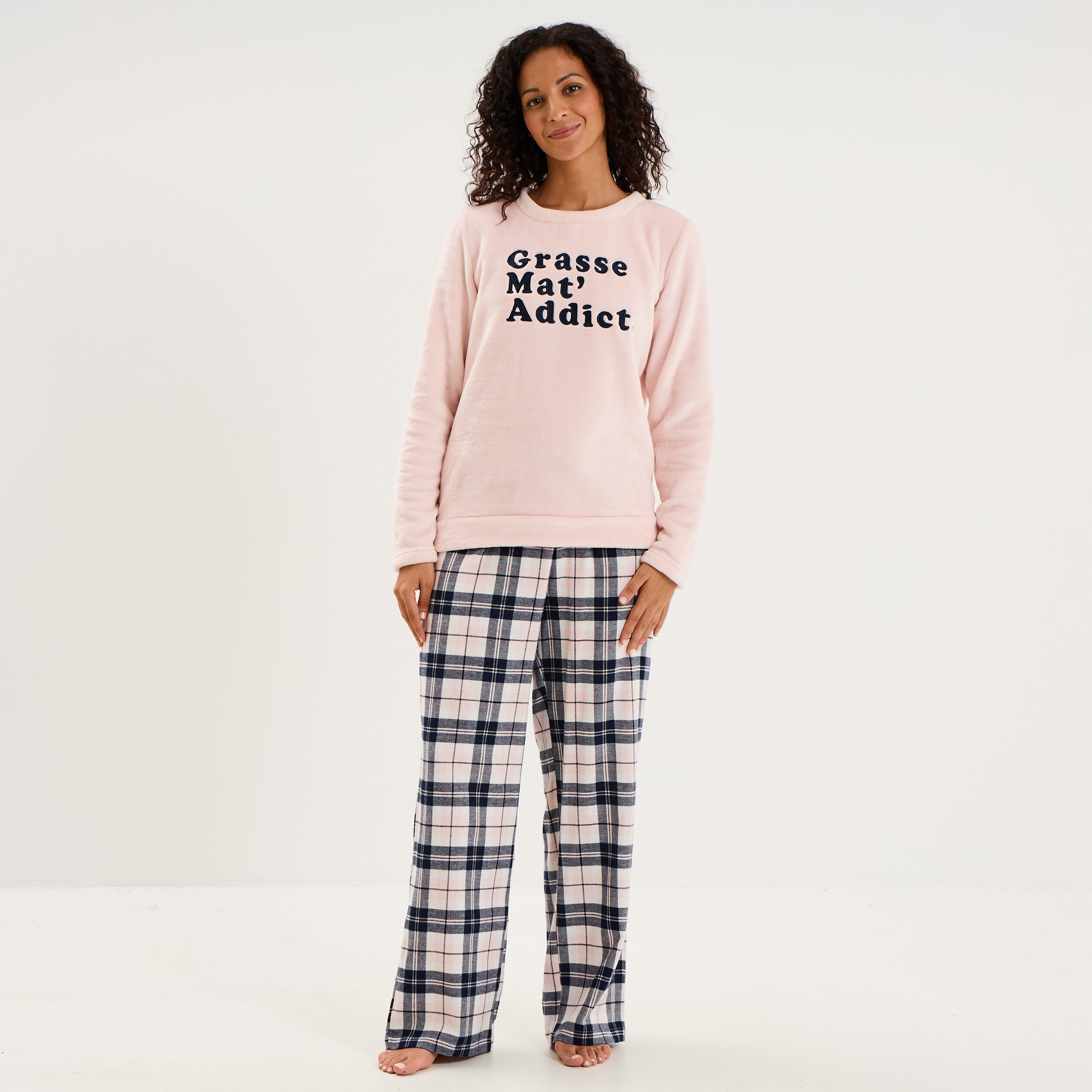 Ensemble pyjama effet polaire 3 pi&egrave;ces rose clair femme