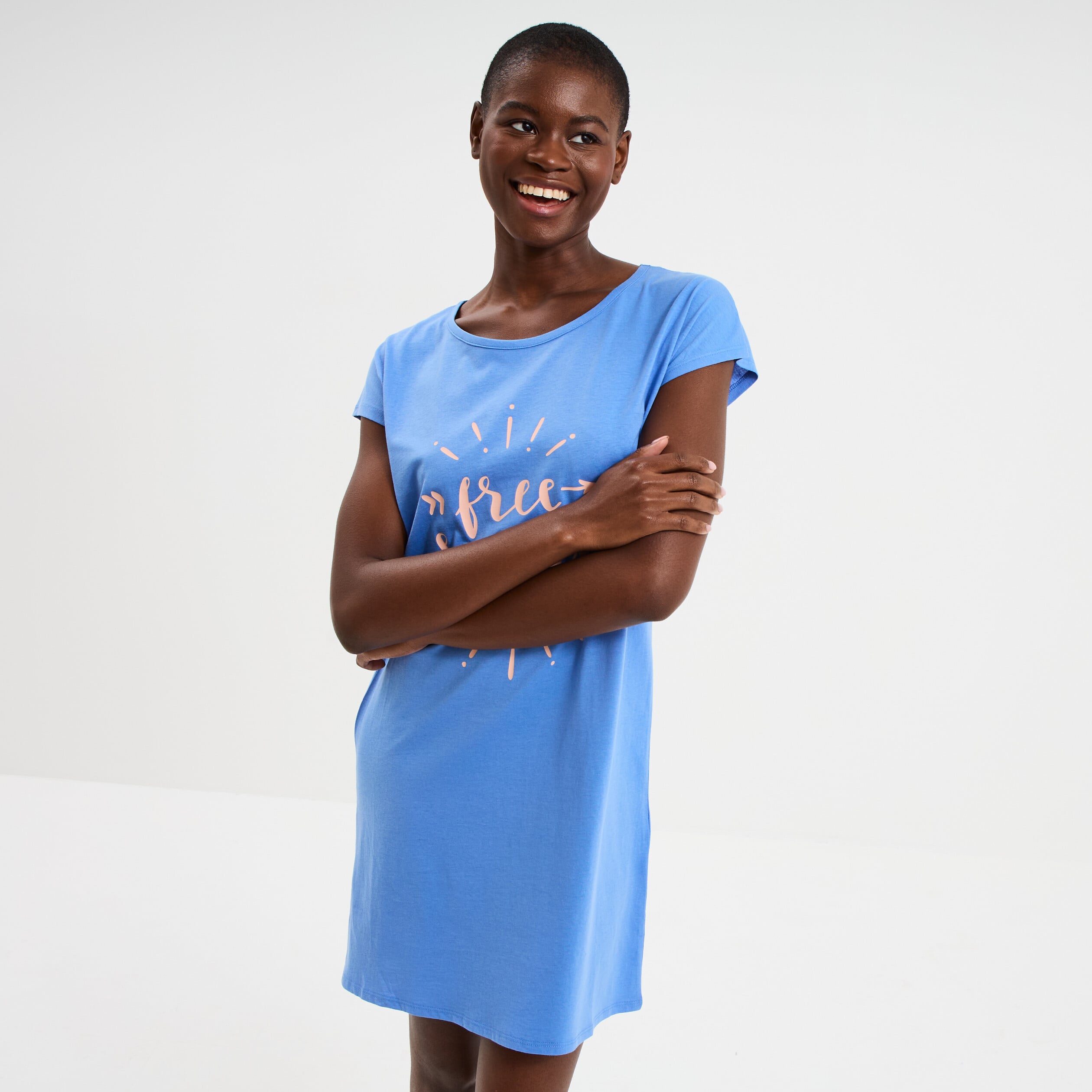 Chemise de nuit courte coton bleu electrique femme