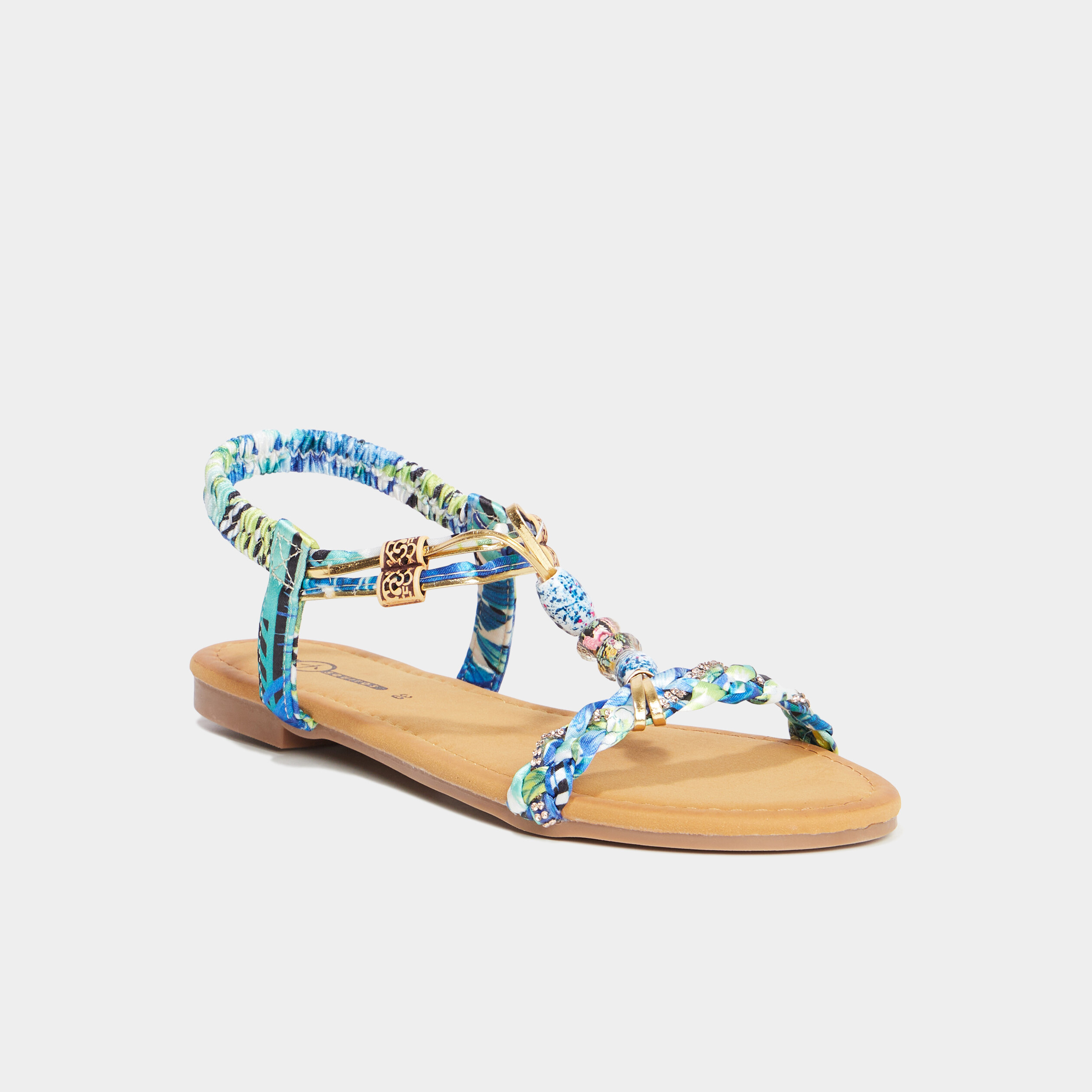 Sandales foulard et perles &eacute;lastiqu&eacute;es bleu femme
