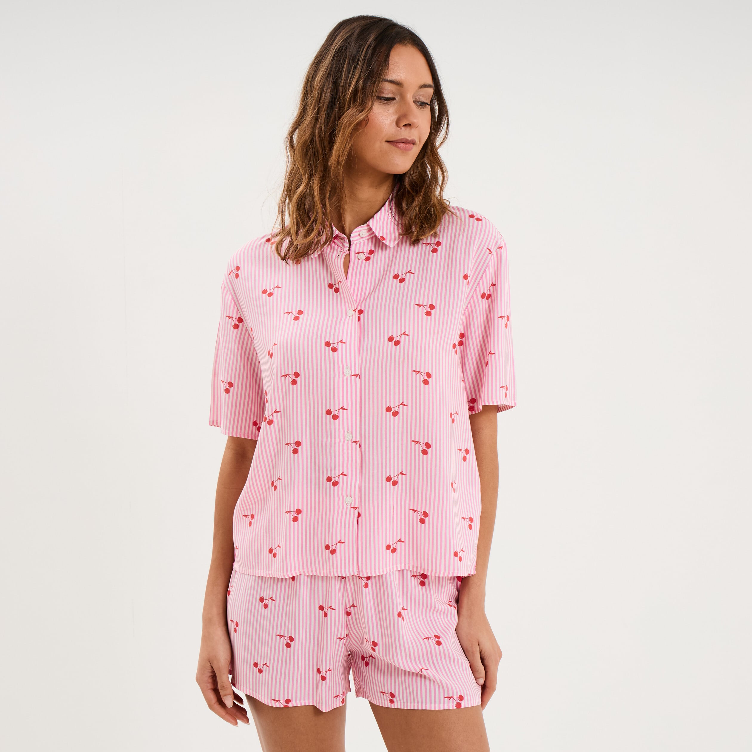 Ensemble pyjama short et chemise ecru femme