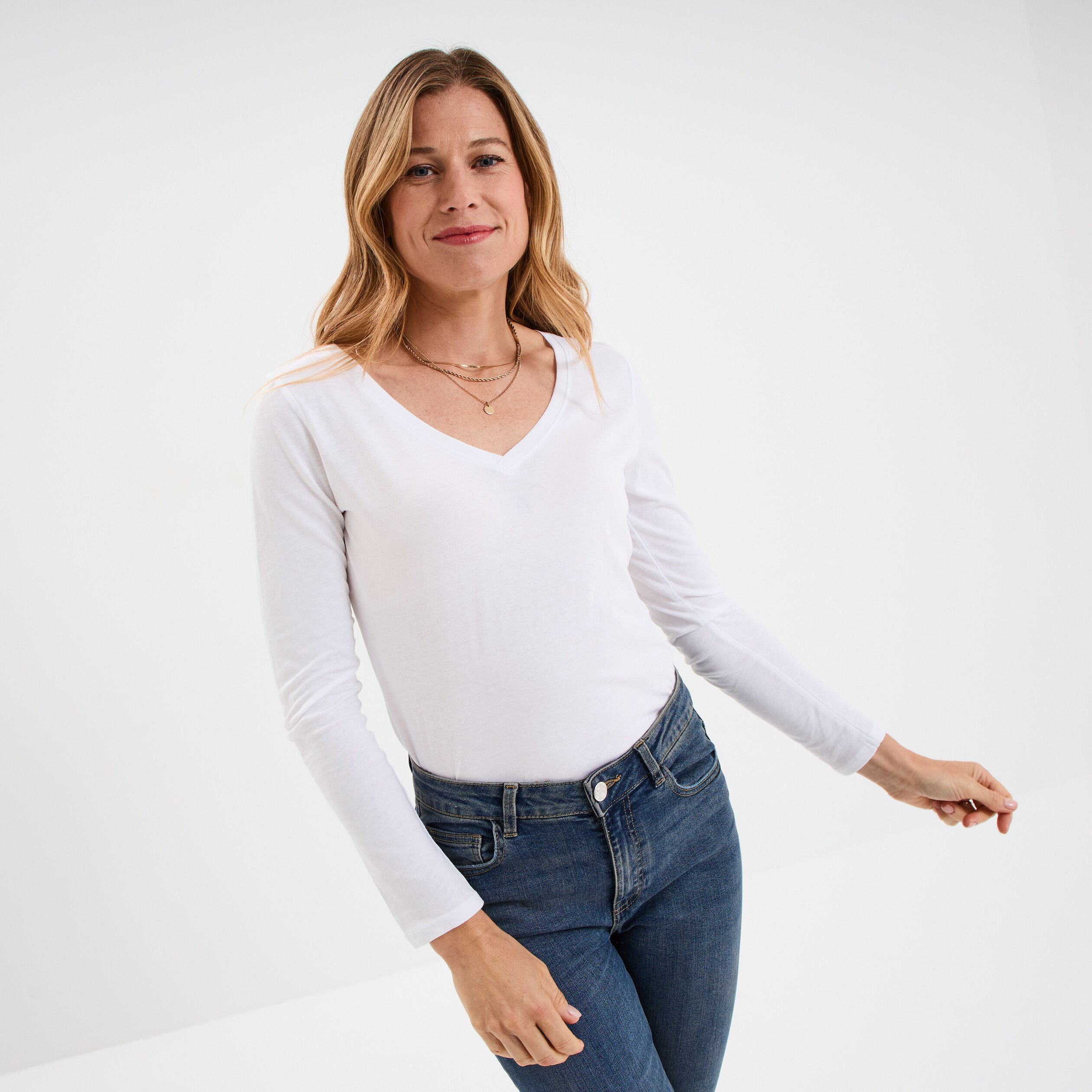 t shirt col en v manches longues coton blanc femme T-shirt col en V manches longues coton blanc femme