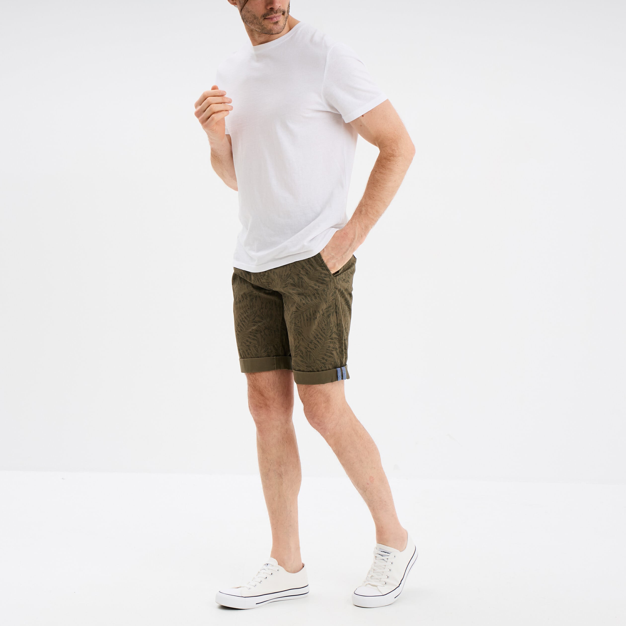 Bermuda short chino droit coton stretch vert kaki homme