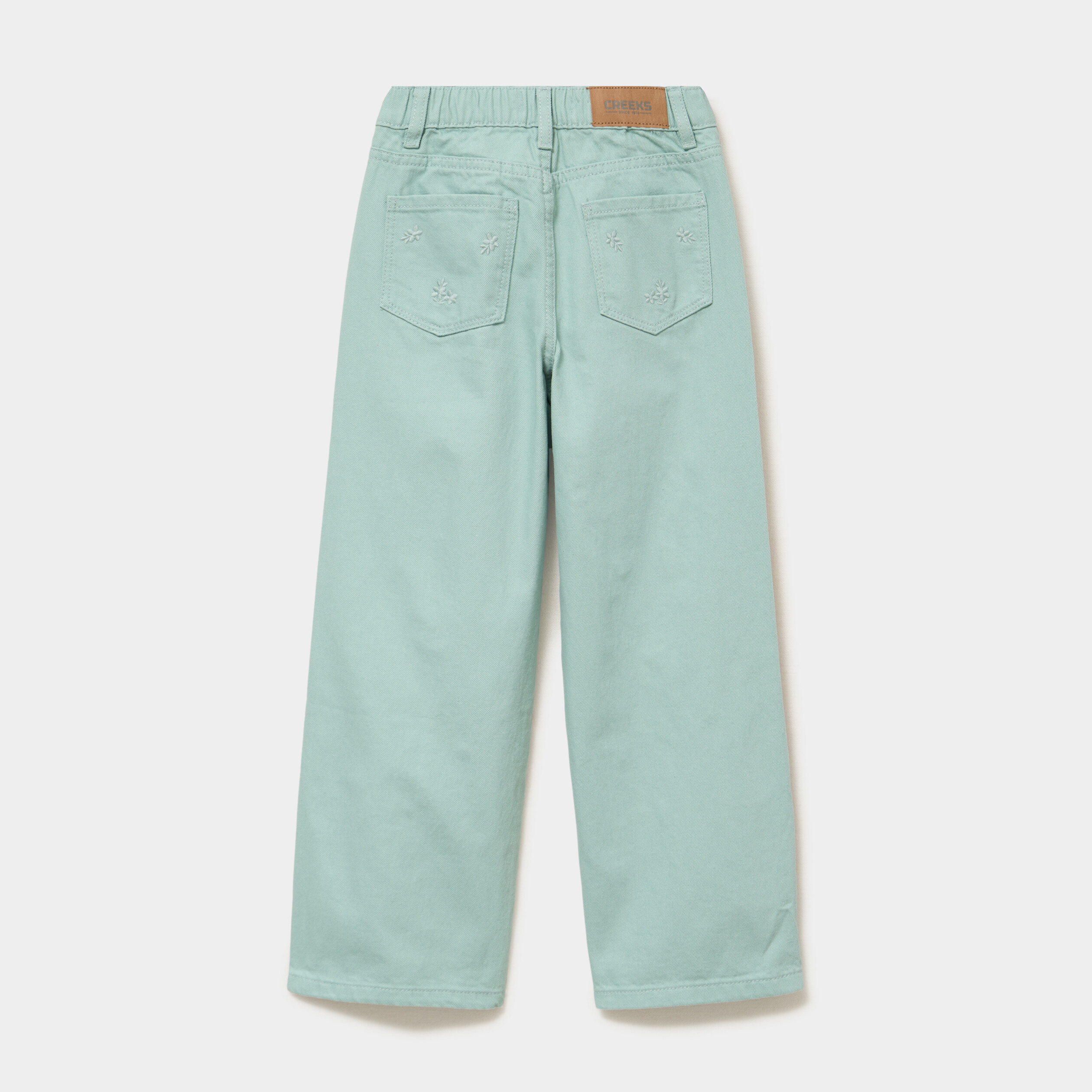 Pantalon large brod&eacute; taille ajustable bleu gris fille