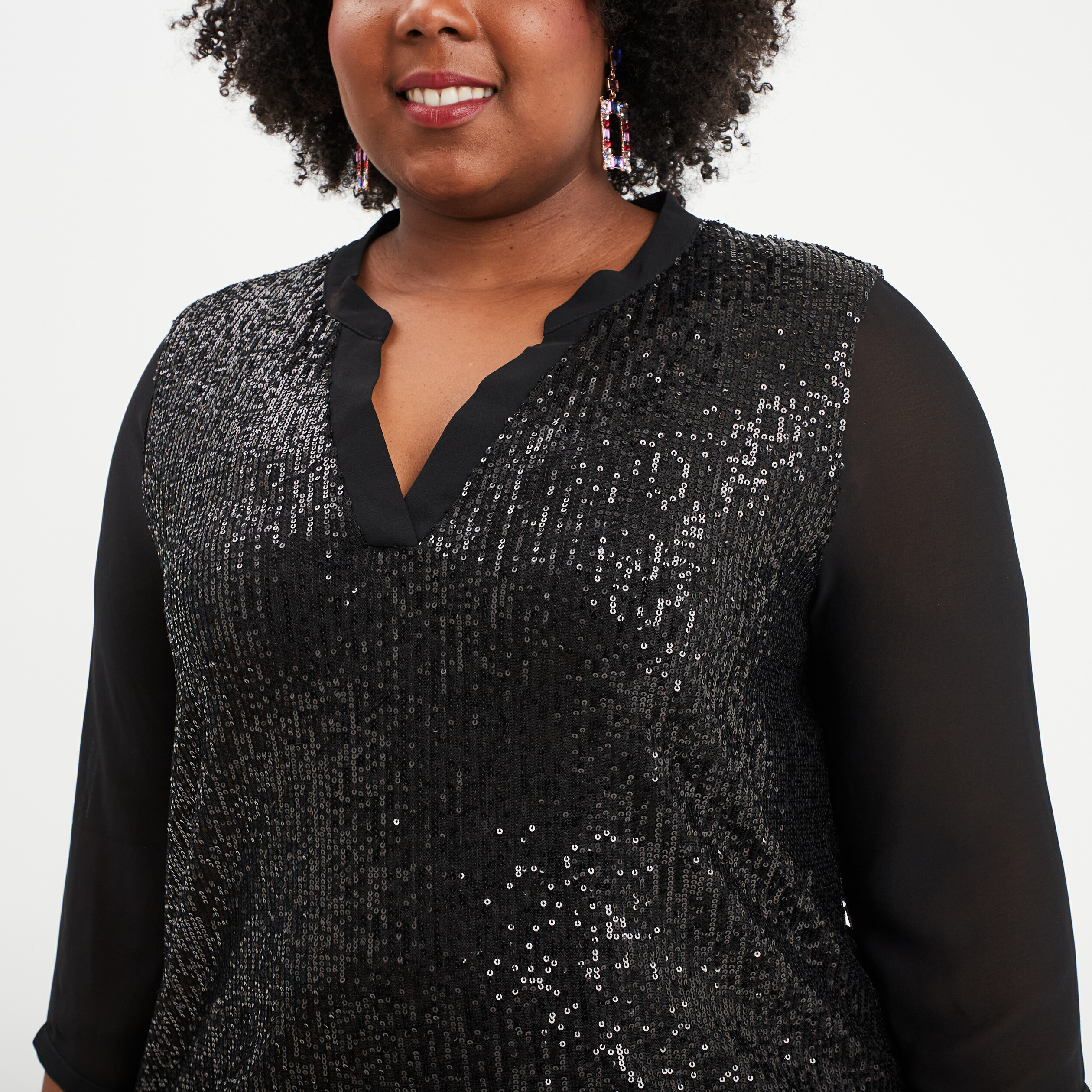 Blouse sequins manches 3/4 transparentes noir femme grande taille