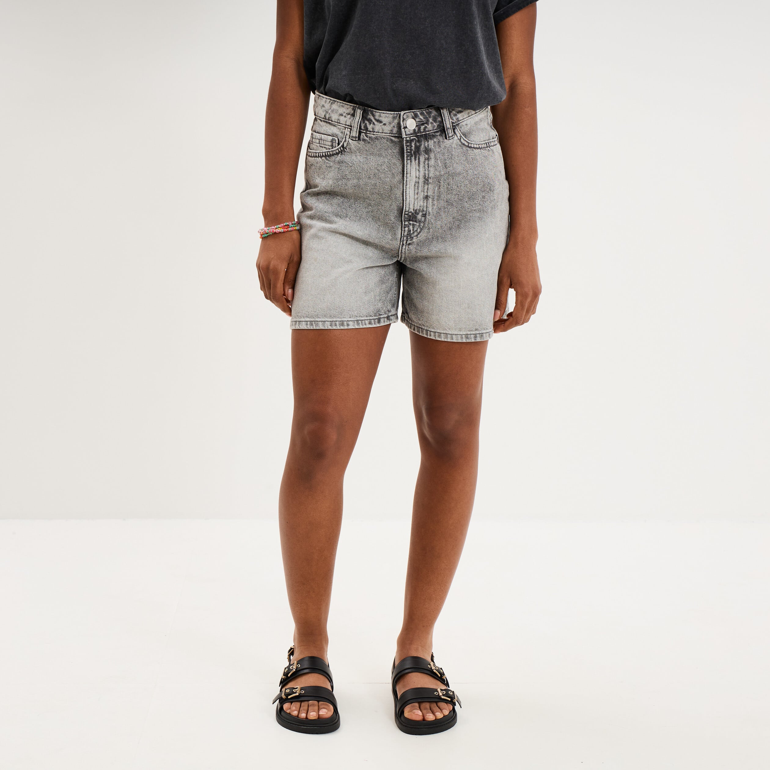 Short mom en jean 5 poches denim gris clair femme